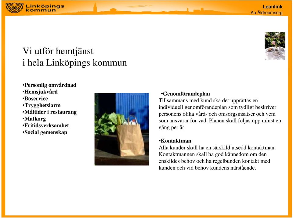 personens olika vård- och omsorgsinsatser och vem som ansvarar för vad.