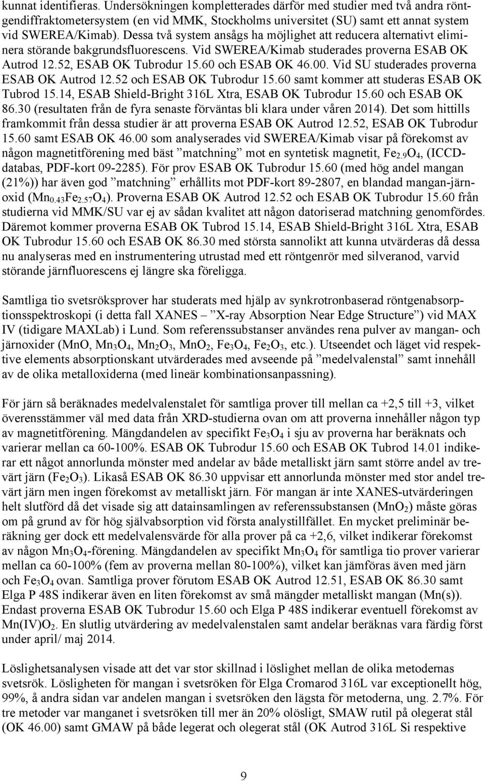 00. Vid SU studerades proverna ESAB OK Autrod 12.52 och ESAB OK Tubrodur 15.60 samt kommer att studeras ESAB OK Tubrod 15.14, ESAB Shield-Bright 316L Xtra, ESAB OK Tubrodur 15.60 och ESAB OK 86.