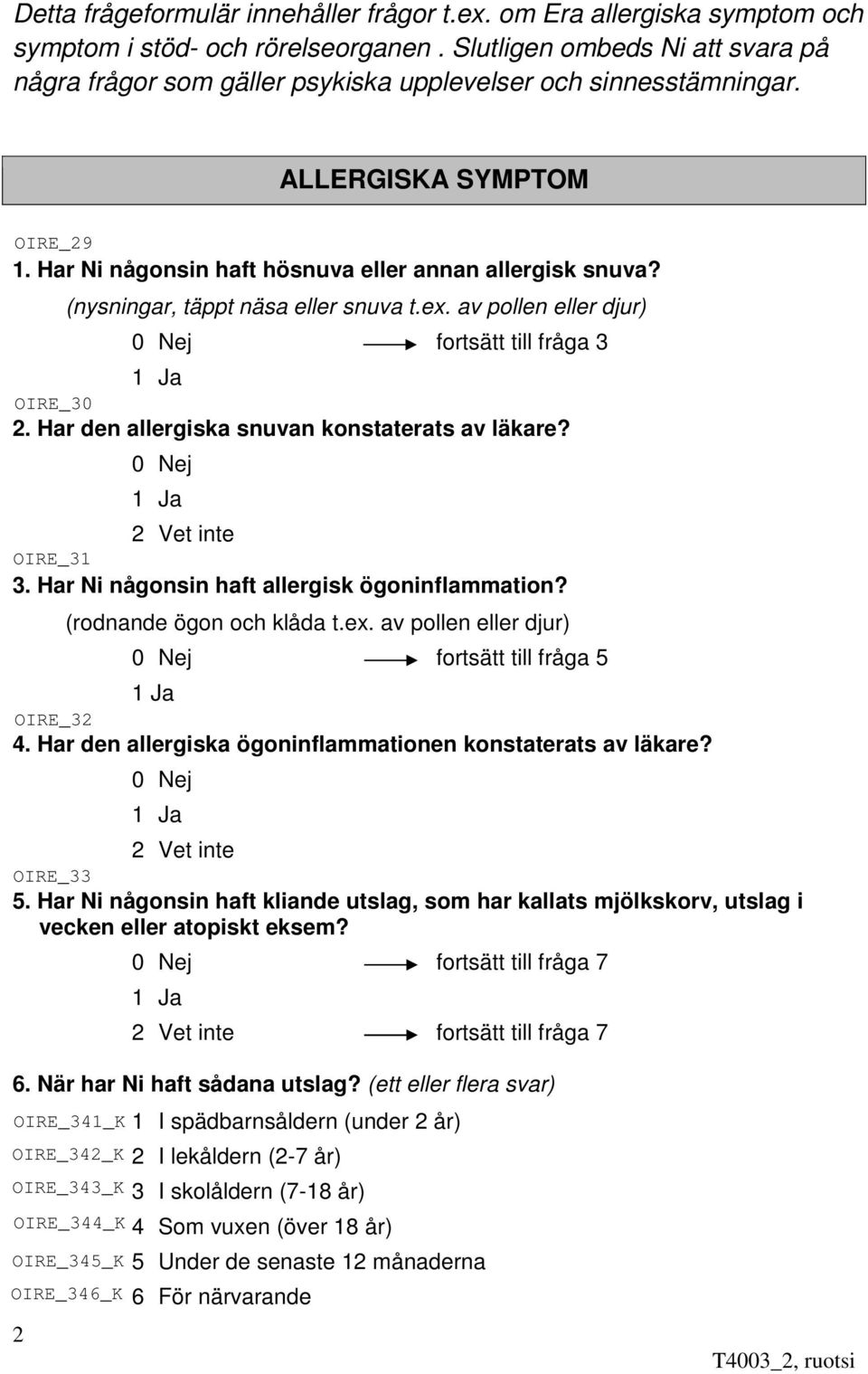(nysningar, täppt näsa eller snuva t.ex. av pollen eller djur) 0 Nej fortsätt till fråga 3 2. Har den allergiska snuvan konstaterats av läkare? 0 Nej 2 Vet inte 3.