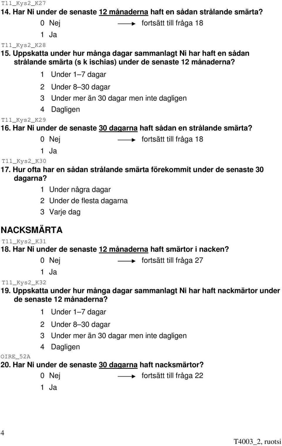 1 Under 1 7 dagar 2 Under 8 30 dagar 3 Under mer än 30 dagar men inte dagligen 4 Dagligen 16. Har Ni under de senaste 30 dagarna haft sådan en strålande smärta? 0 Nej fortsätt till fråga 18 17.