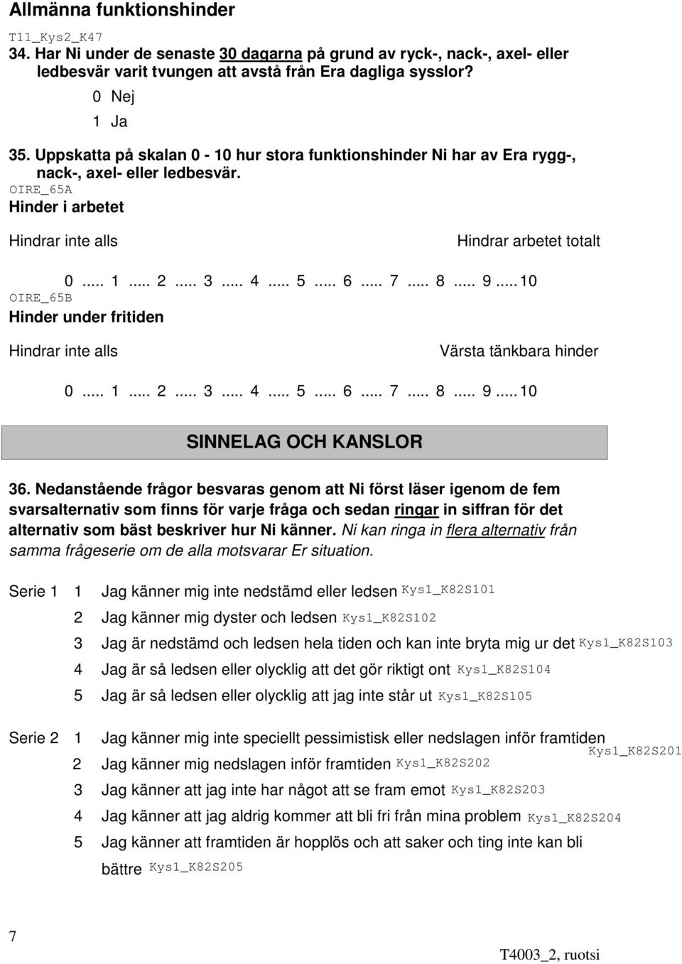 .. 9... 10 Hinder under fritiden Hindrar inte alls Värsta tänkbara hinder 0... 1... 2... 3... 4... 5... 6... 7... 8... 9... 10 SINNELAG OCH KÄNSLOR 36.