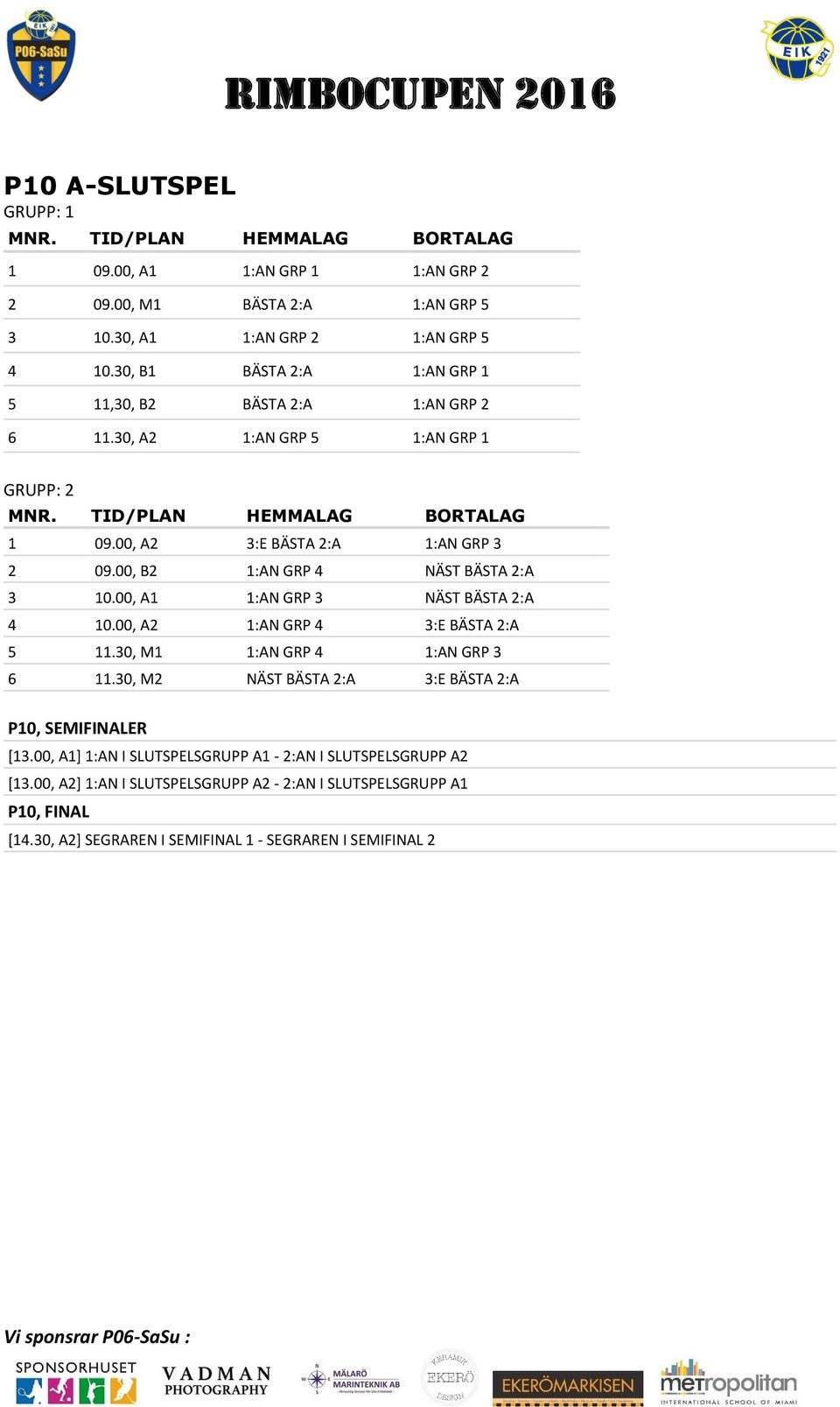 , A1 1:AN GRP NÄST BÄSTA 2:A 1., A2 1:AN GRP :E BÄSTA 2:A 11., M1 1:AN GRP 1:AN GRP 11., M2 NÄST BÄSTA 2:A :E BÄSTA 2:A GRUPP: 2 P1, SEMIFINALER [1.
