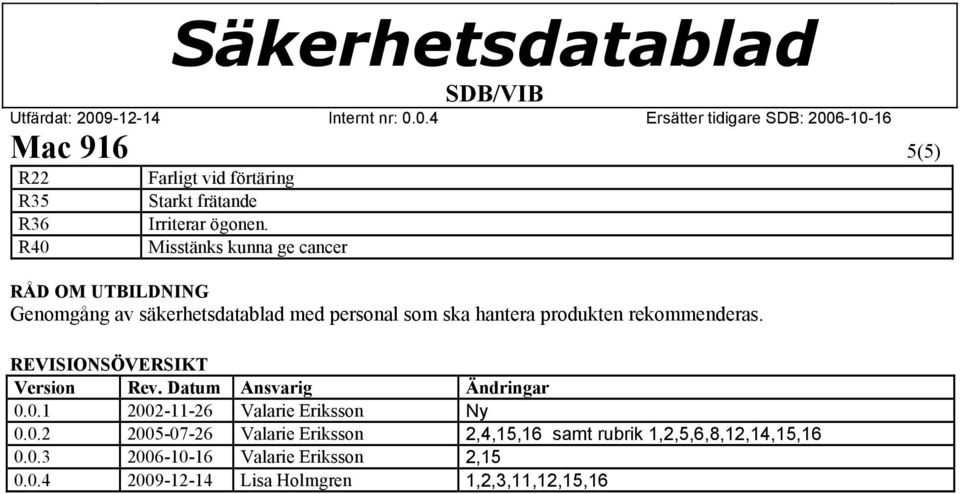 rekommenderas. REVISIONSÖVERSIKT Version Rev. Datum Ansvarig Ändringar 0.