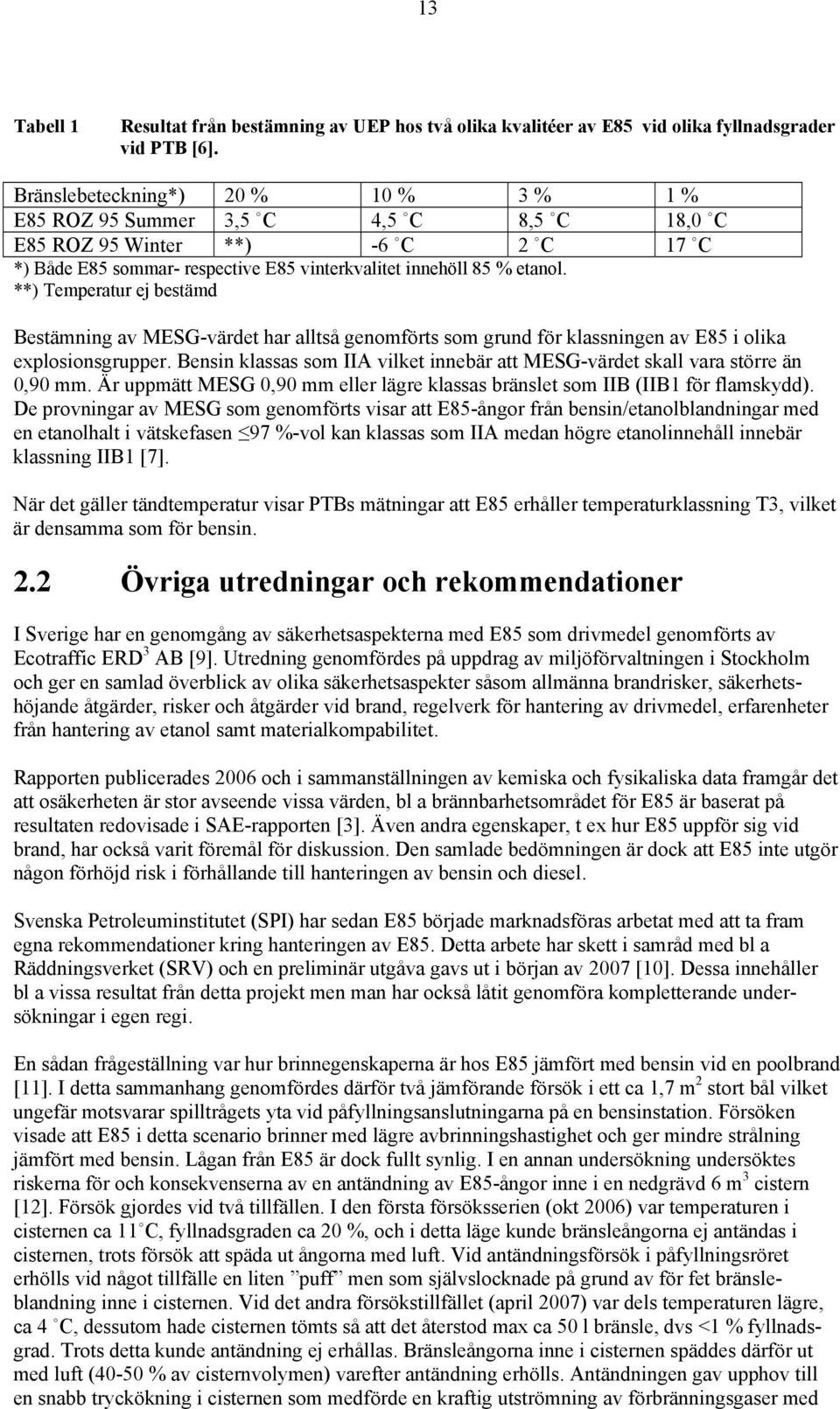 **) Temperatur ej bestämd Bestämning av MESG-värdet har alltså genomförts som grund för klassningen av E85 i olika explosionsgrupper.