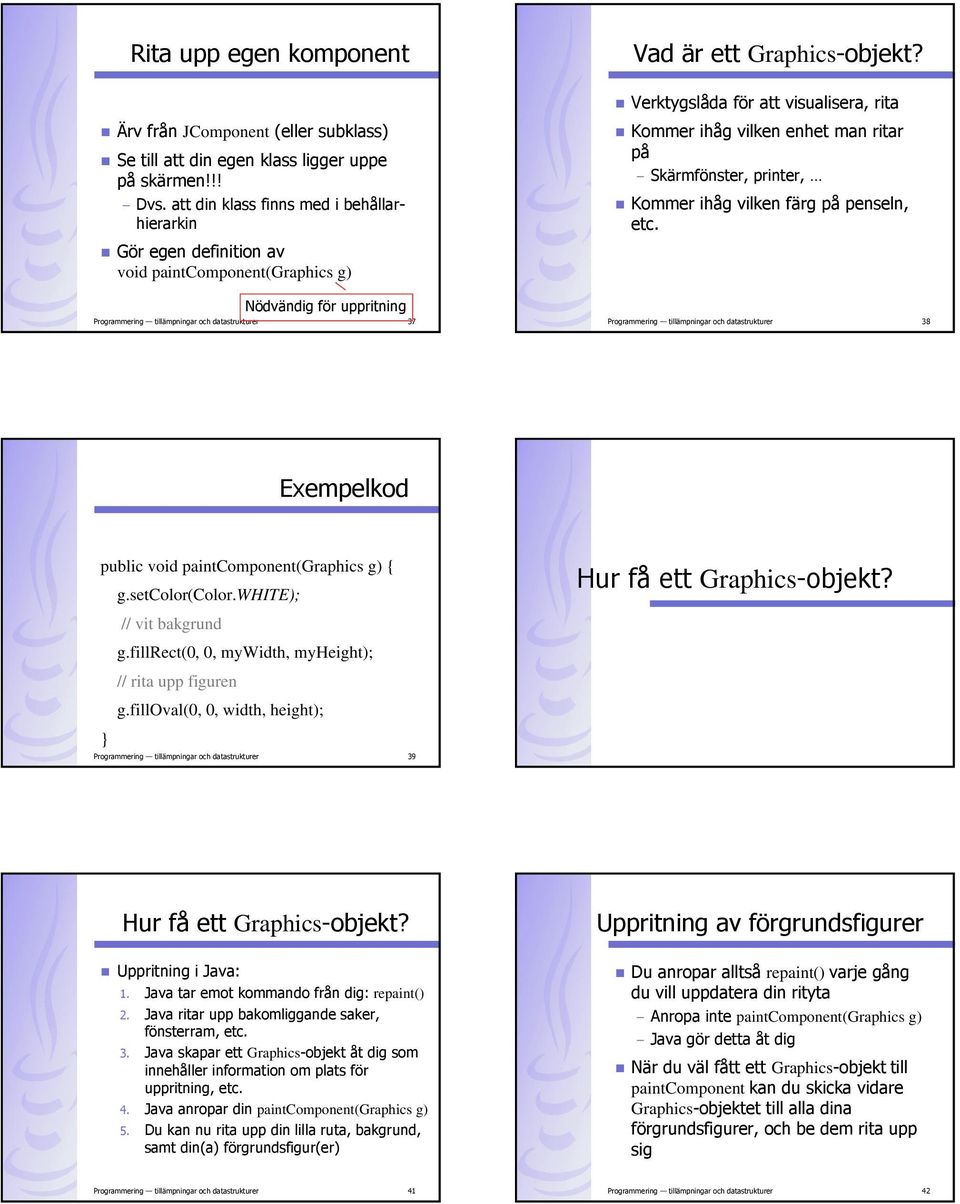 Nödvändig för uppritning Programmering tillämpningar och datastrukturer 37 Programmering tillämpningar och datastrukturer 38 Exempelkod public void paintcomponent(graphics g) { g.setcolor(color.