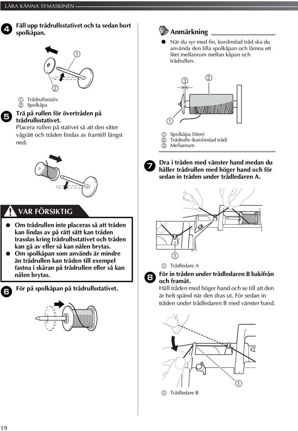 Anmärkning När du syr med fin, korslindad tråd ska du använda den lilla spolkåpan och lämna ett litet mellanrum mellan kåpan och trådrullen.