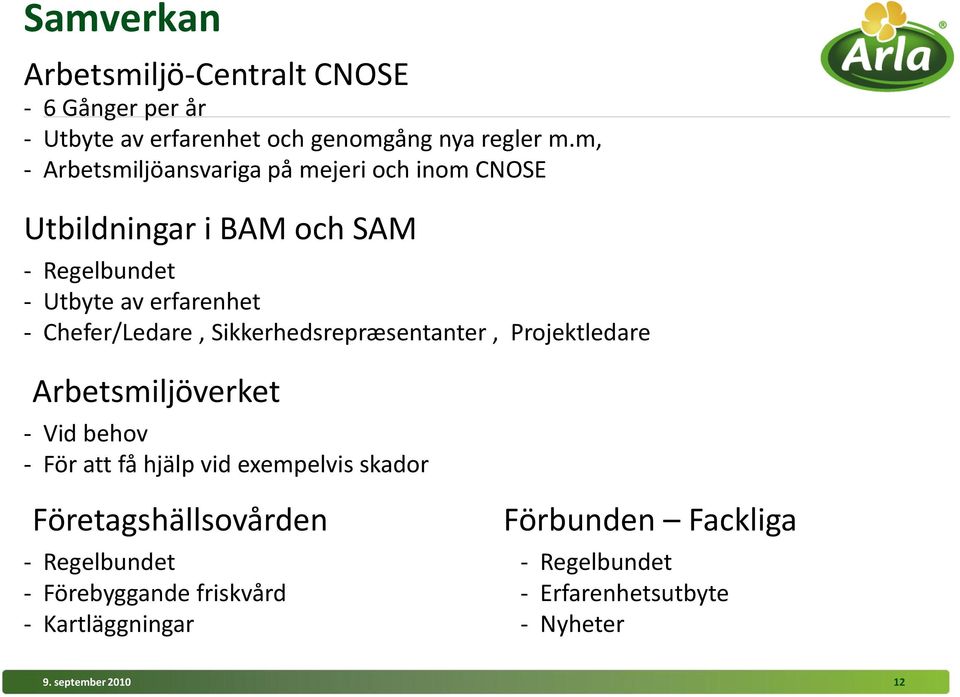 Chefer/Ledare, Sikkerhedsrepræsentanter, Projektledare Arbetsmiljöverket - Vid behov - För att få hjälp vid exempelvis skador