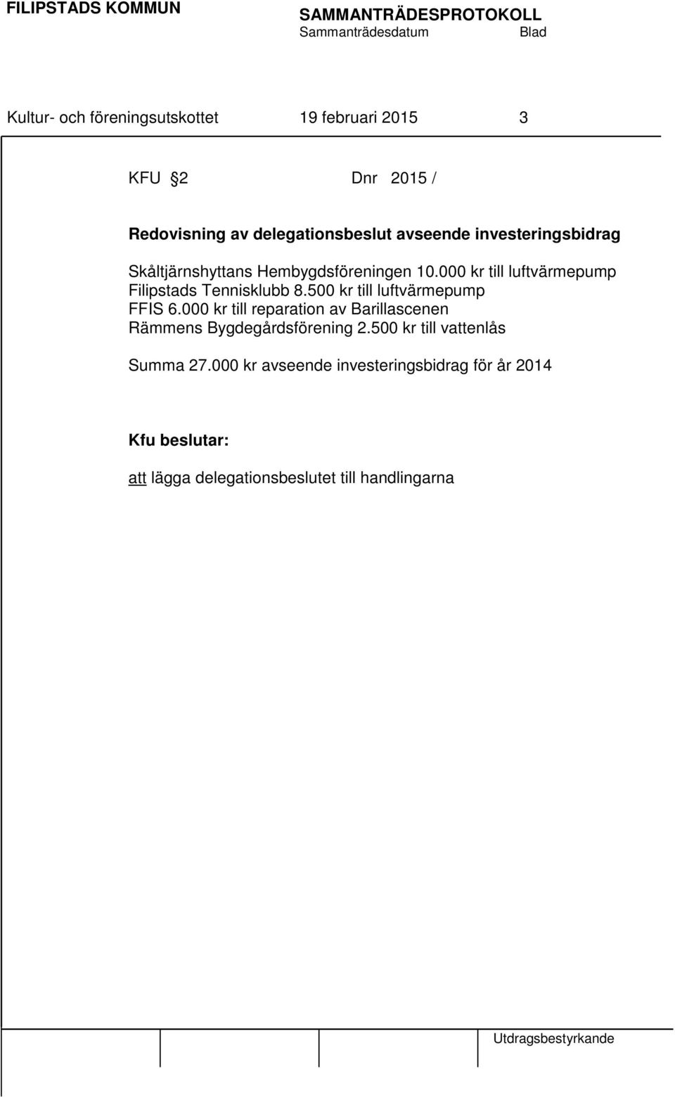 500 kr till luftvärmepump FFIS 6.000 kr till reparation av Barillascenen Rämmens Bygdegårdsförening 2.