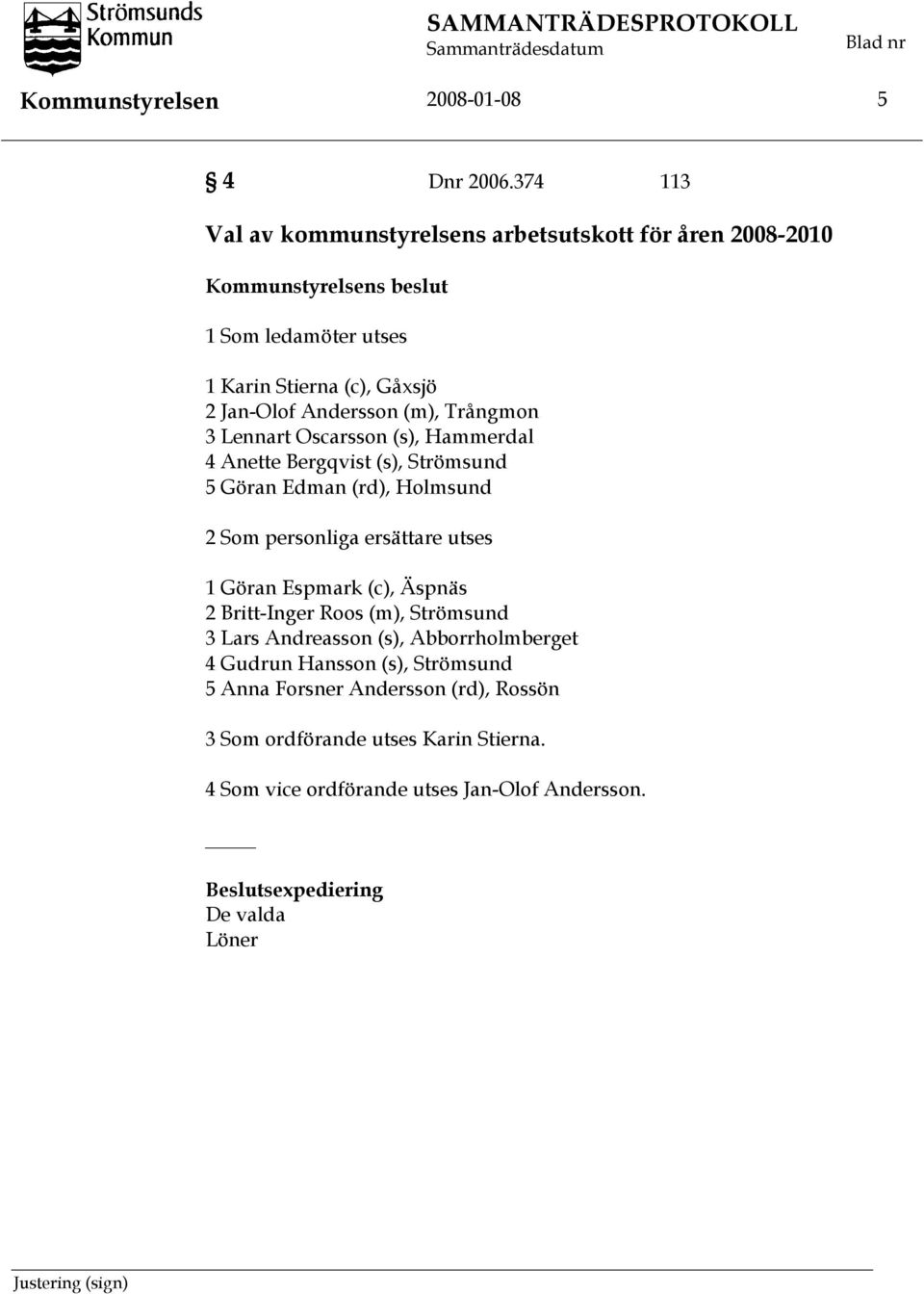 Andersson (m), Trångmon 3 Lennart Oscarsson (s), Hammerdal 4 Anette Bergqvist (s), Strömsund 5 Göran Edman (rd), Holmsund 2 Som personliga ersättare utses 1