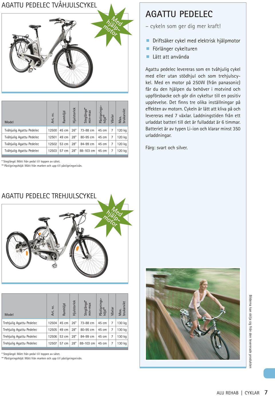 Tvåhjulig Agattu Pedelec 12502 53 cm 28 84-99 cm 45 cm 7 120 kg Tvåhjulig Agattu Pedelec 12503 57 cm 28 88-103 cm 45 cm 7 120 kg Agattu pedelec levereras som en tvåhjulig med eller utan stödhjul och