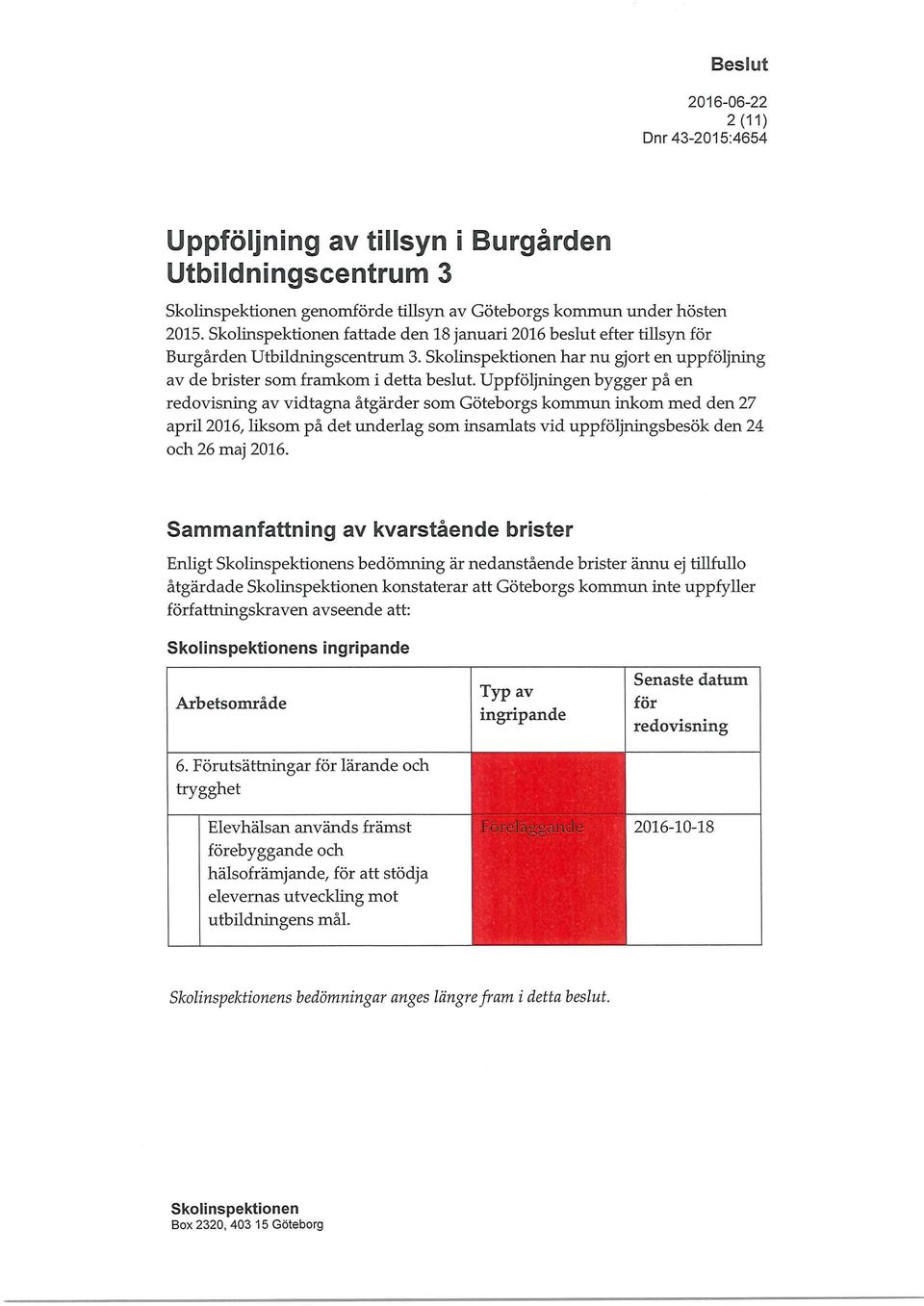 Uppföljningen bygger på en redovisning av vidtagna åtgärder som Göteborgs kommun inkom med den 27 april 2016, liksom på det underlag som insamlats vid uppföljningsbesök den 24 och 26 maj 2016.