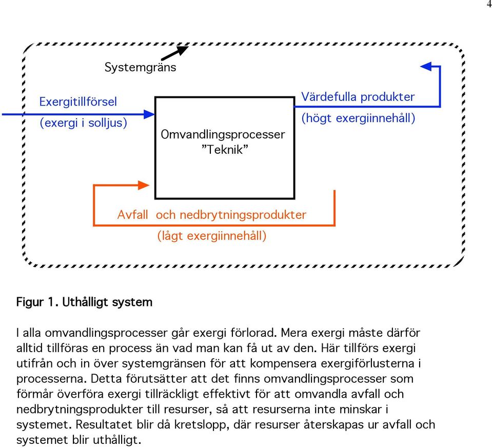 Här tillförs exergi utifrån och in över systemgränsen för att kompensera exergiförlusterna i processerna.