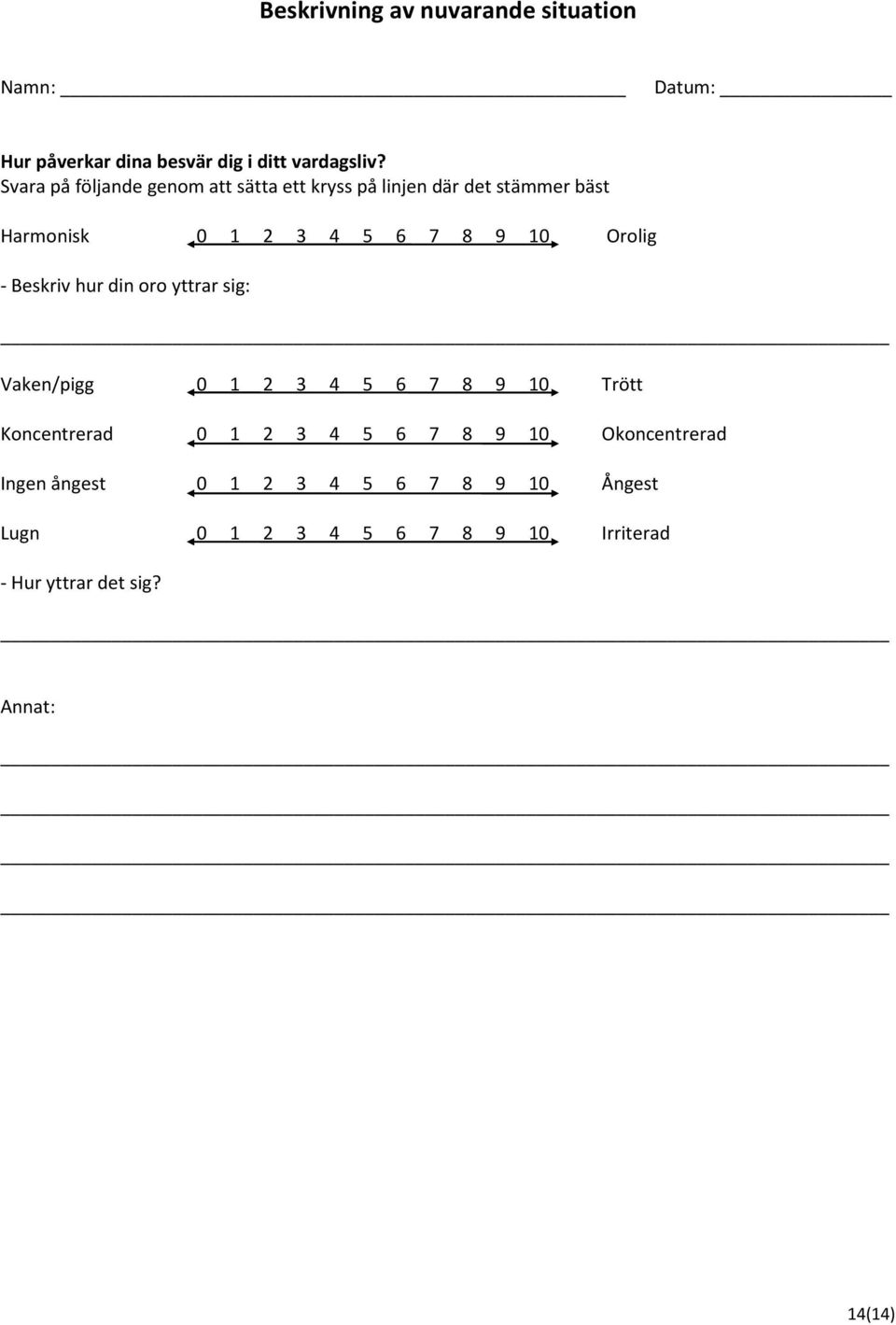 Orolig - Beskriv hur din oro yttrar sig: Vaken/pigg 0 1 2 3 4 5 6 7 8 9 10 Trött Koncentrerad 0 1 2 3 4 5 6 7 8
