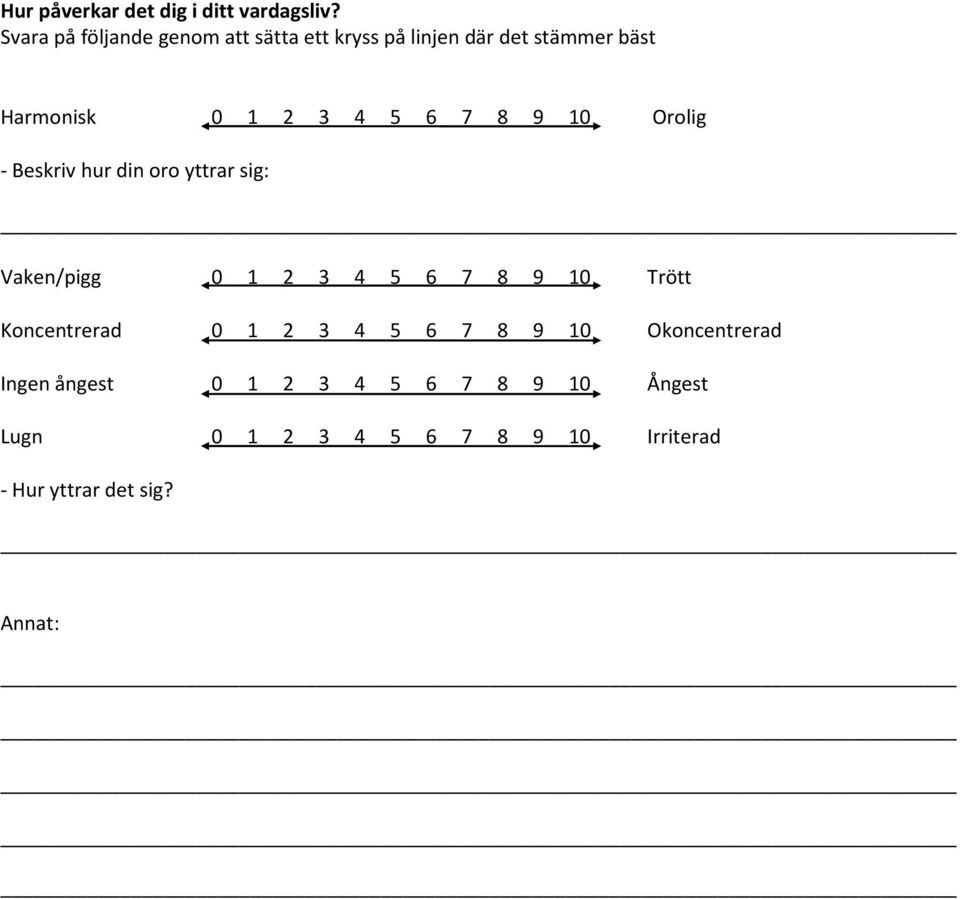 6 7 8 9 10 Orolig - Beskriv hur din oro yttrar sig: Vaken/pigg 0 1 2 3 4 5 6 7 8 9 10 Trött