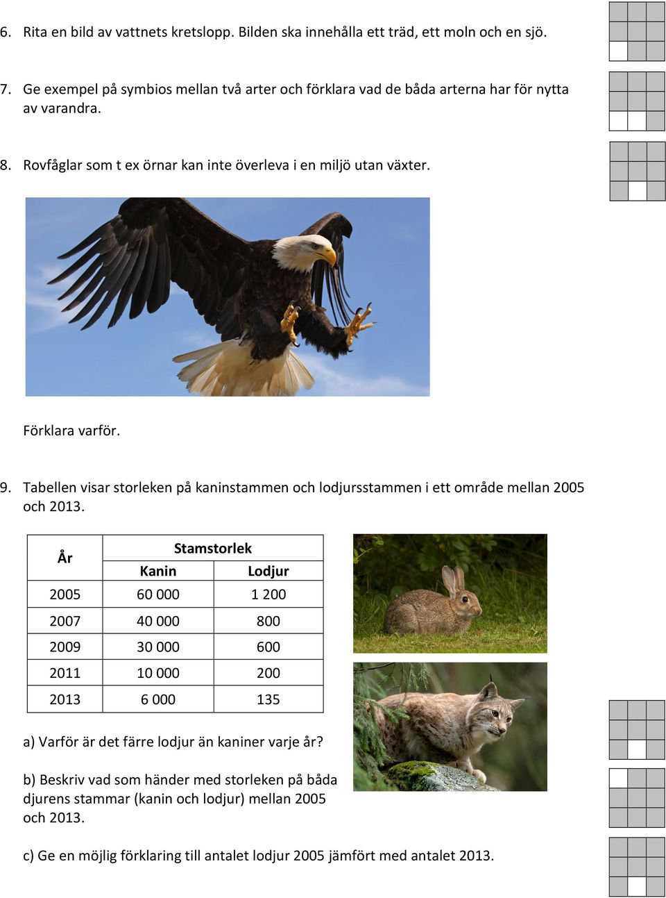 Förklara varför. 9. Tabellen visar storleken på kaninstammen och lodjursstammen i ett område mellan 2005 och 2013.