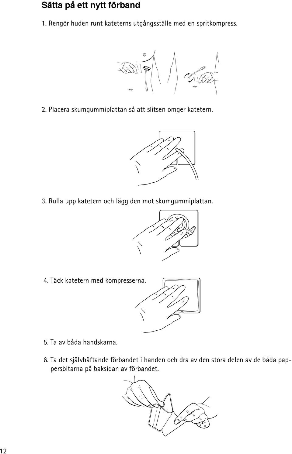 Rulla upp katetern och lägg n mot skumgummiplattan. 4. Täck katetern med komprserna. 5.