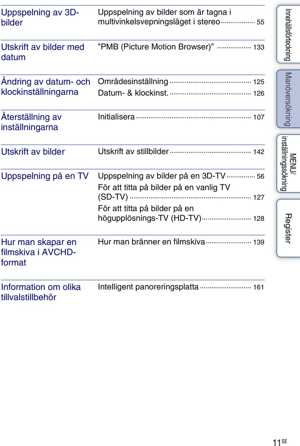 126 Initialisera 107 Utskrift av bilder Utskrift av stillbilder 142 Uppspelning på en TV Uppspelning av bilder på en 3D-TV 56 För att titta på bilder på en vanlig TV