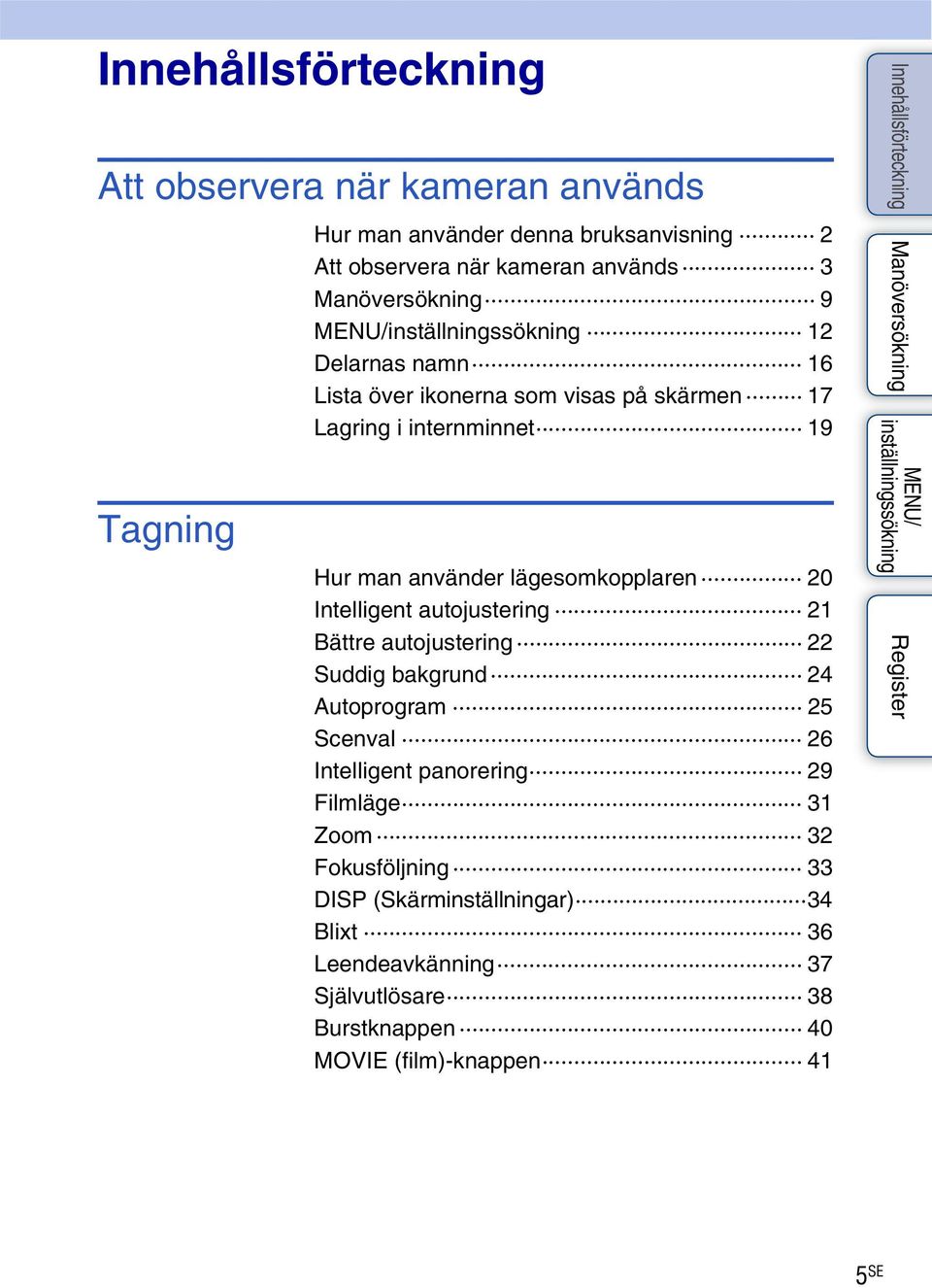 20 Intelligent autojustering 21 Bättre autojustering 22 Suddig bakgrund 24 Autoprogram 25 Scenval 26 Intelligent panorering 29 Filmläge 31