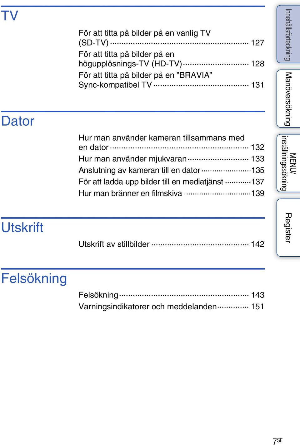 använder mjukvaran 133 Anslutning av kameran till en dator 135 För att ladda upp bilder till en mediatjänst 137 Hur man