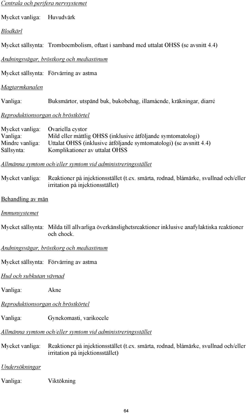 bröstkörtel Mycket vanliga: Ovariella cystor Vanliga: Mild eller måttlig OHSS (inklusive åtföljande symtomatologi) Mindre vanliga: Uttalat OHSS (inklusive åtföljande symtomatologi) (se avsnitt 4.