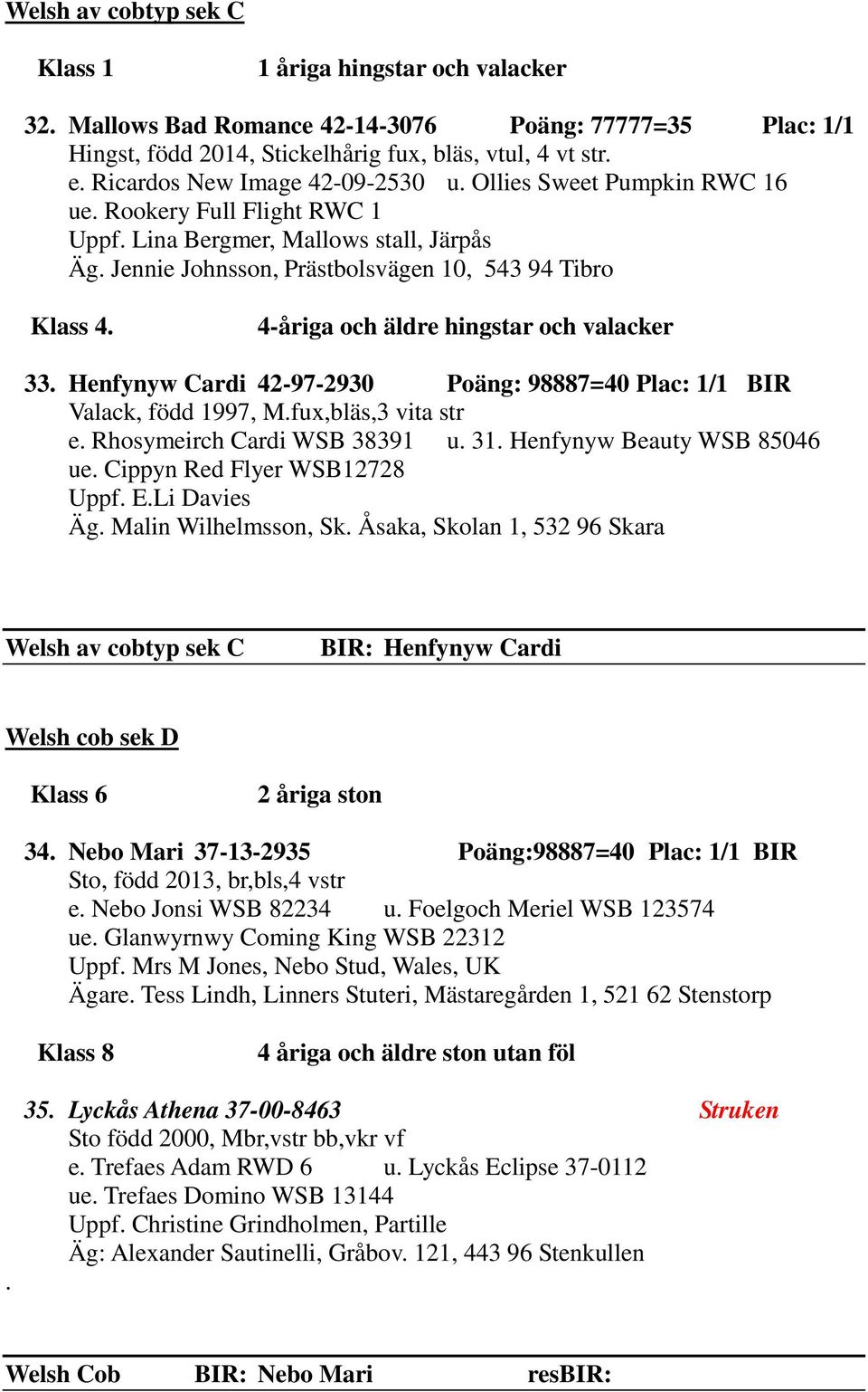 4-åriga och äldre hingstar och valacker 33. Henfynyw Cardi 42-97-2930 Poäng: 98887=40 Plac: 1/1 BIR Valack, född 1997, M.fux,bläs,3 vita str e. Rhosymeirch Cardi WSB 38391 u. 31.