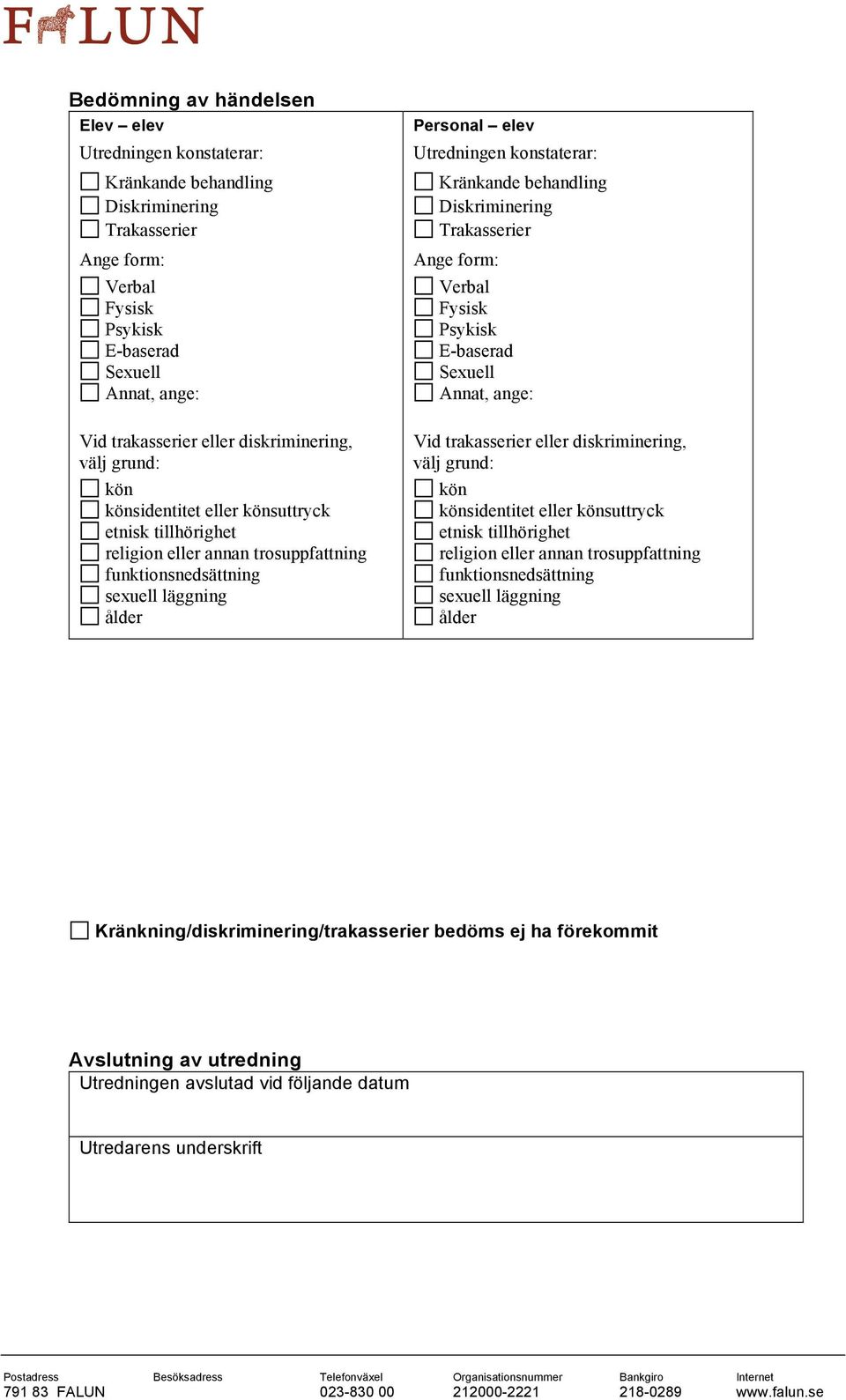 Kränkning/diskriminering/trakasserier bedöms ej ha förekommit