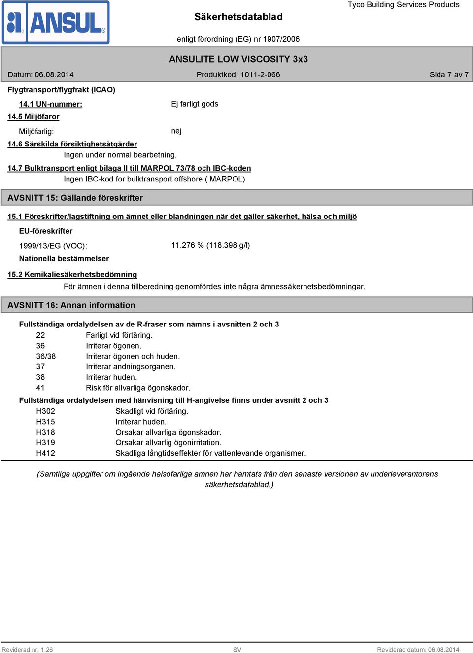 1 Föreskrifter/lagstiftning om ämnet eller blandningen när det gäller säkerhet, hälsa och miljö EU-föreskrifter 1999/13/EG (VOC): Nationella bestämmelser 11.276 % (118.398 g/l) 15.
