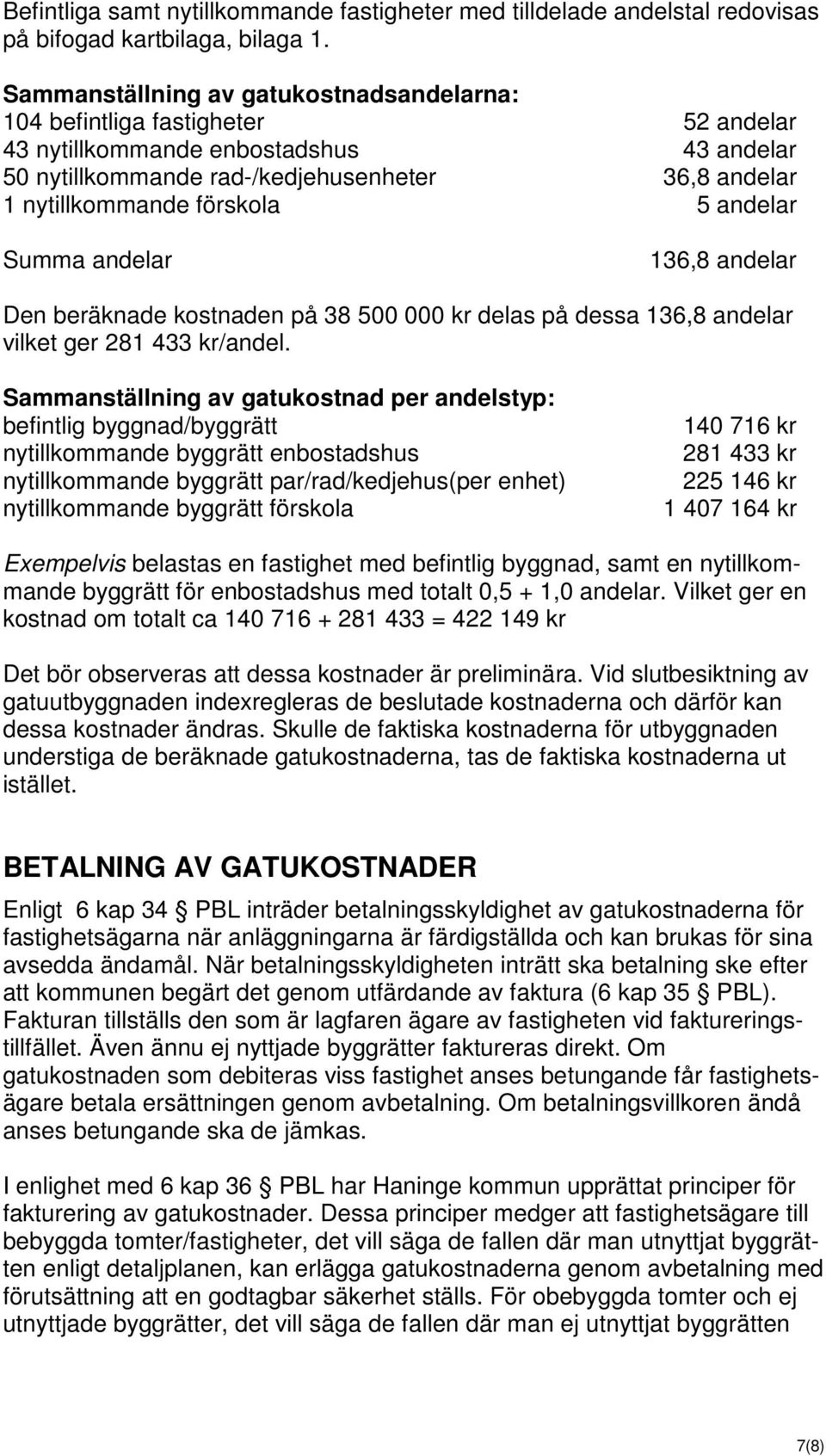 5 andelar Summa andelar 136,8 andelar Den beräknade kostnaden på 38 500 000 kr delas på dessa 136,8 andelar vilket ger 281 433 kr/andel.