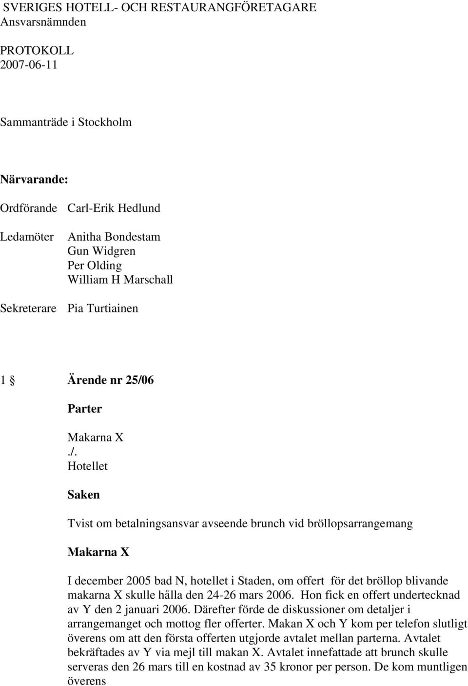 offert för det bröllop blivande makarna X skulle hålla den 24-26 mars 2006. Hon fick en offert undertecknad av Y den 2 januari 2006.