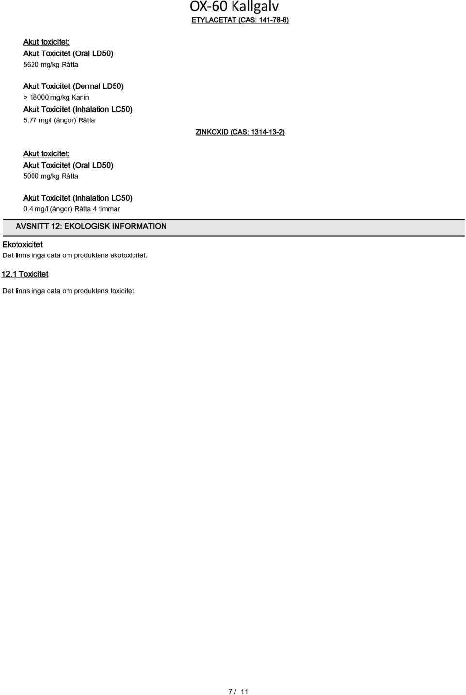 77 mg/l (ångor) Råtta ZINKOXID (CAS: 1314-13-2) Akut Toxicitet (Oral LD50) 5000 mg/kg Råtta 0.