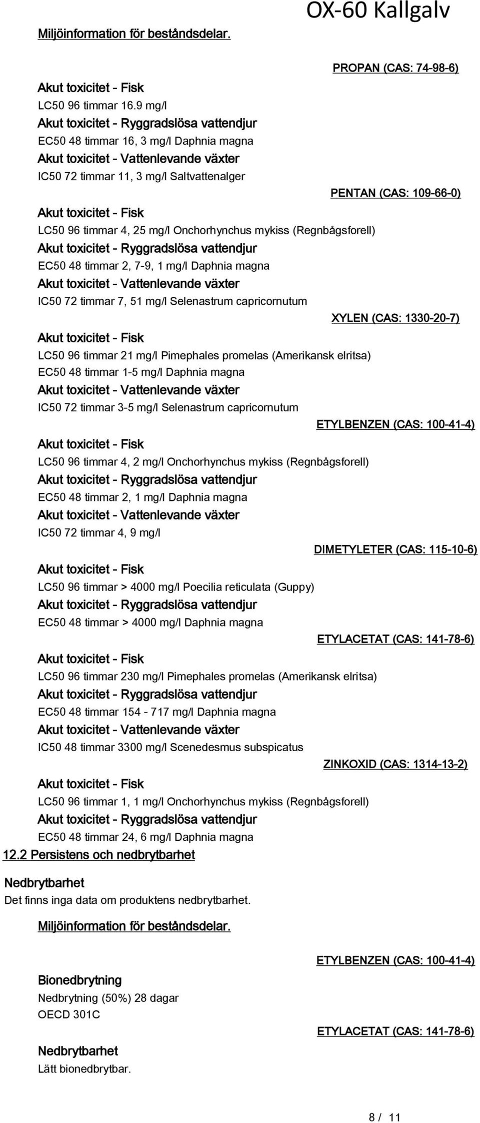 timmar 2, 7-9, 1 mg/l Daphnia magna Akut toxicitet - Vattenlevande växter IC50 72 timmar 7, 51 mg/l Selenastrum capricornutum LC50 96 timmar 21 mg/l Pimephales promelas (Amerikansk elritsa) EC50 48