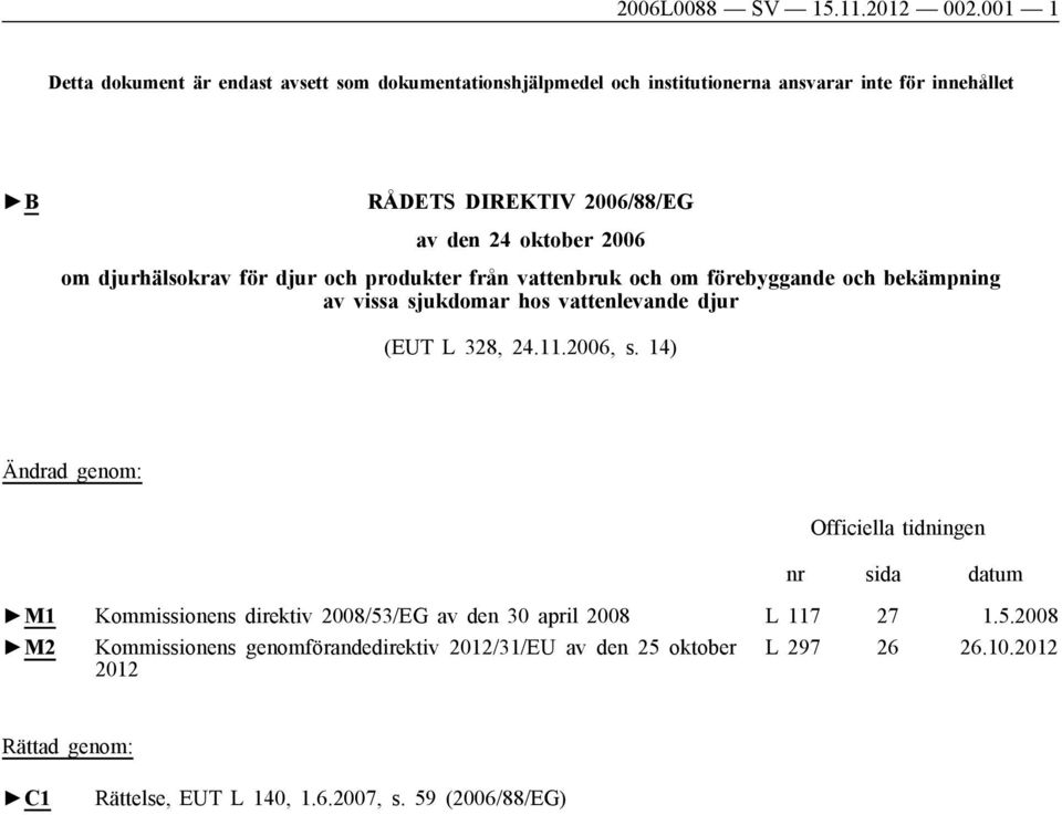 oktober 2006 om djurhälsokrav för djur och produkter från vattenbruk och om förebyggande och bekämpning av vissa sjukdomar hos vattenlevande djur (EUT L 328, 24.
