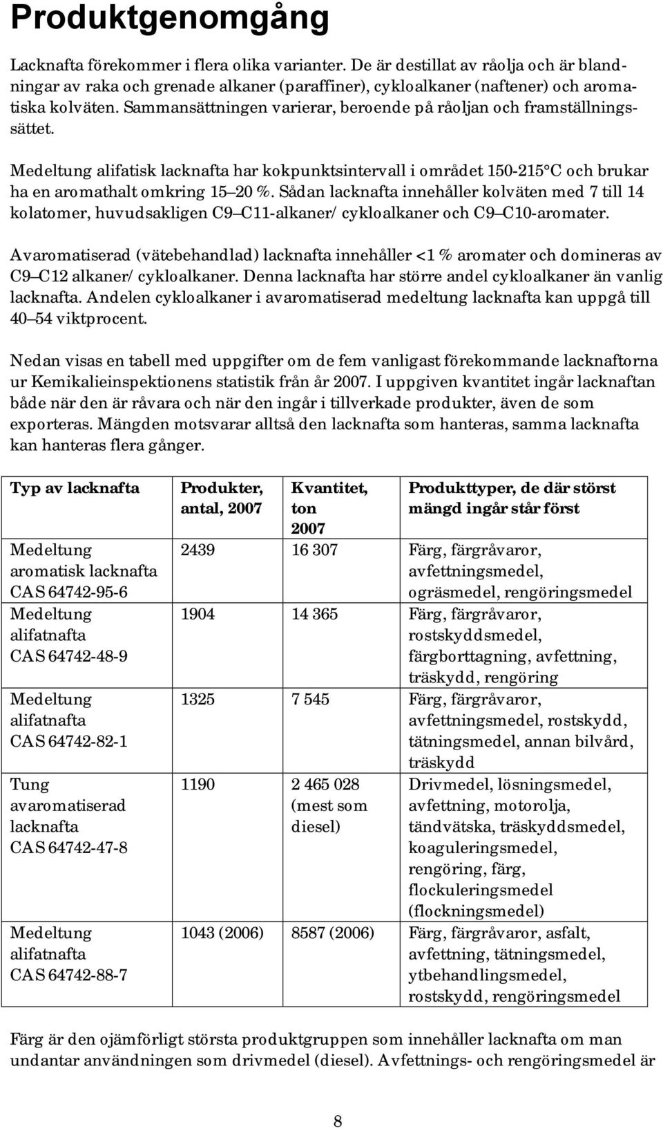 Sådan lacknafta innehåller kolväten med 7 till 14 kolatomer, huvudsakligen C9 C11-alkaner/cykloalkaner och C9 C10-aromater.