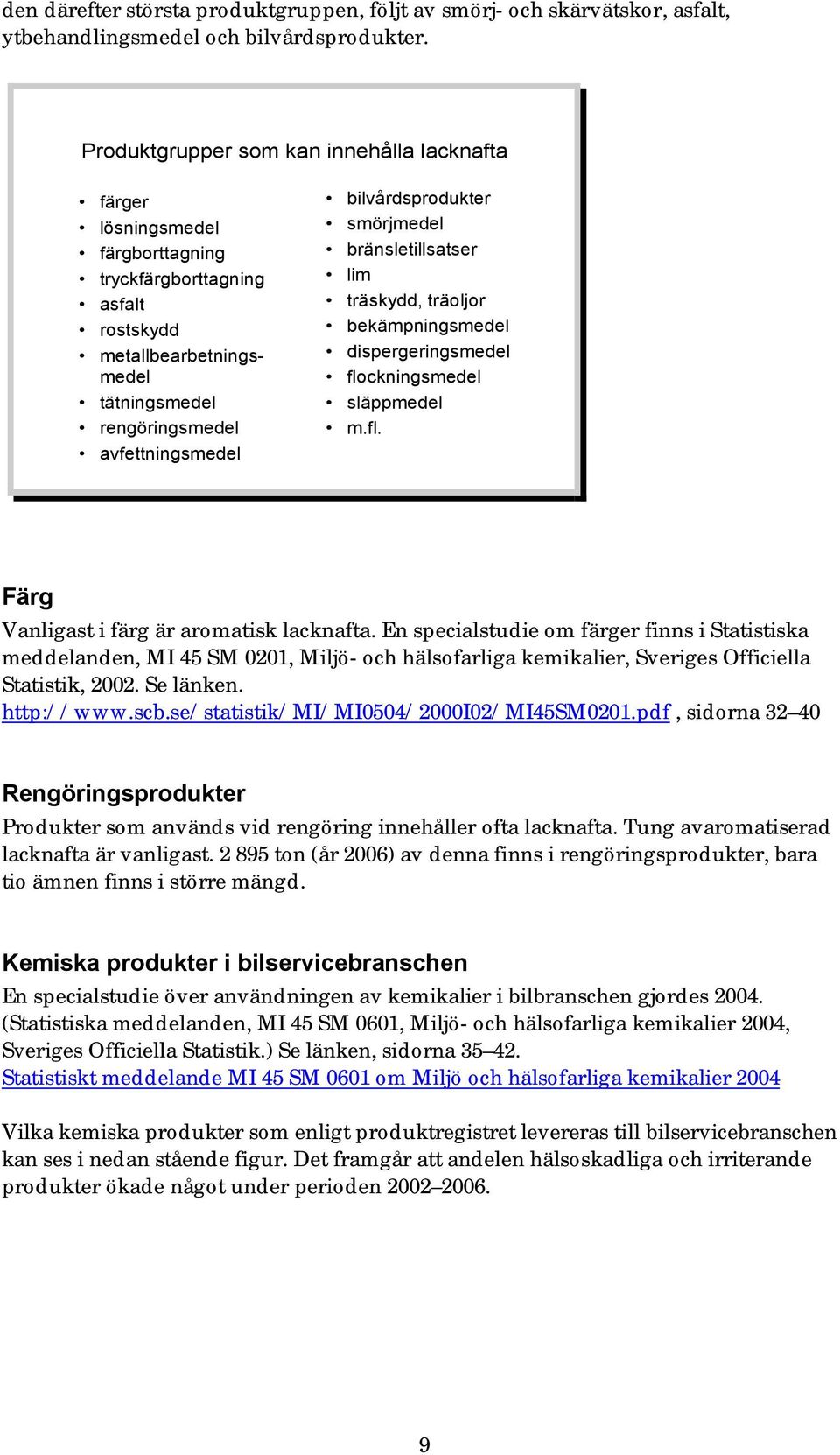 bilvårdsprodukter smörjmedel bränsletillsatser lim träskydd, träoljor bekämpningsmedel dispergeringsmedel flockningsmedel släppmedel m.fl. Färg Vanligast i färg är aromatisk lacknafta.