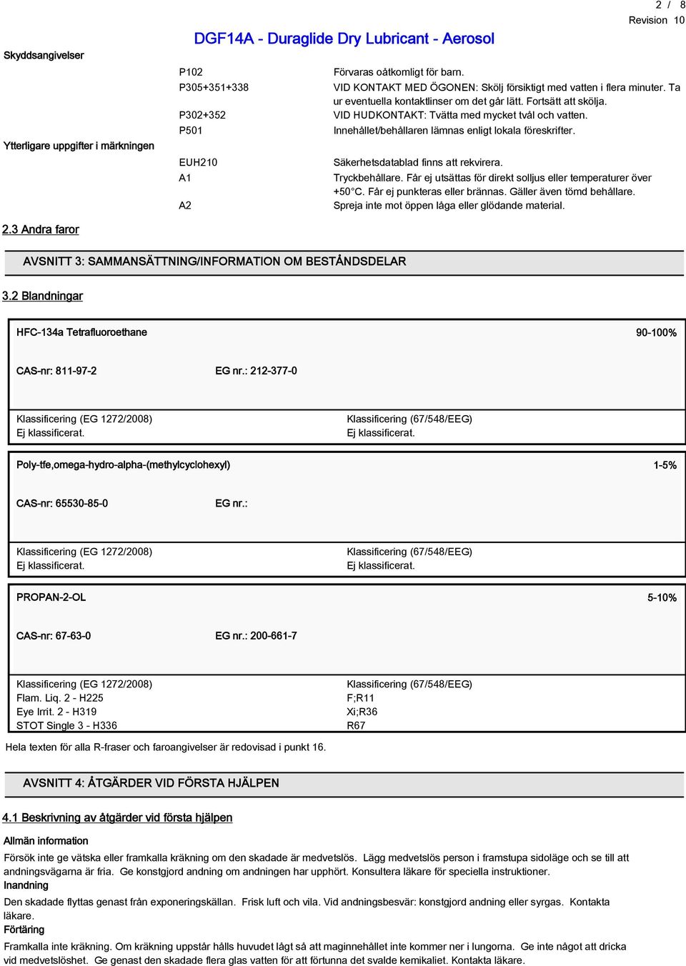 P501 EUH210 A1 A2 Innehållet/behållaren lämnas enligt lokala föreskrifter. Säkerhetsdatablad finns att rekvirera. Tryckbehållare. Får ej utsättas för direkt solljus eller temperaturer över +50 C.