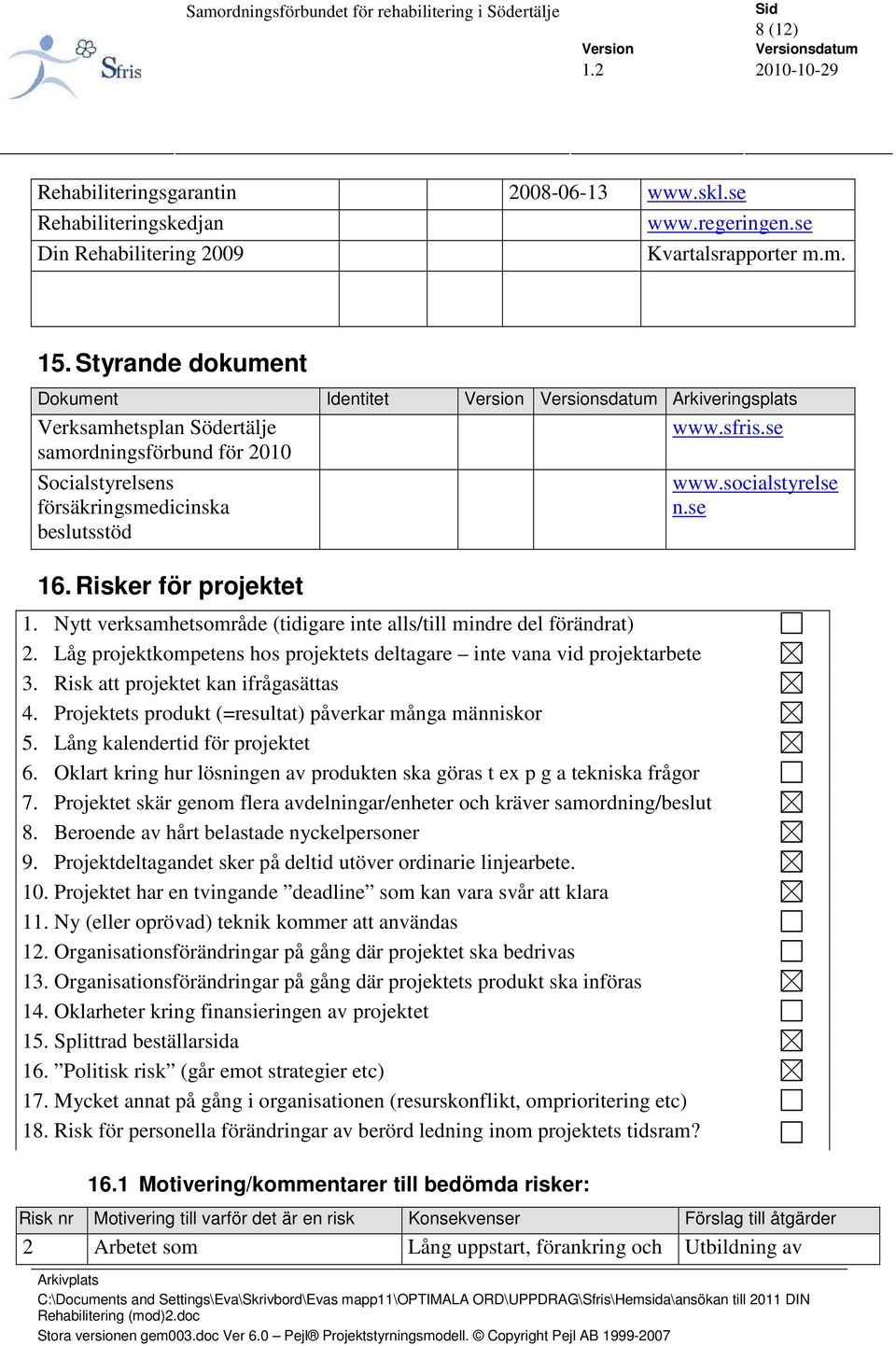 Nytt verksamhetsområde (tidigare inte alls/till mindre del förändrat) 2. Låg projektkompetens hos projektets deltagare inte vana vid projektarbete 3. Risk att projektet kan ifrågasättas 4.