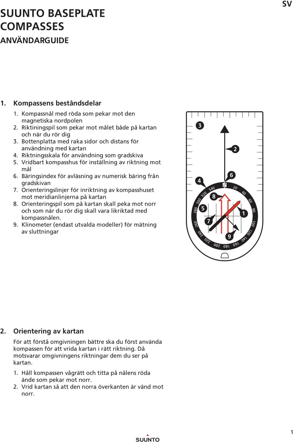 äringsindex för avläsning av numerisk bäring från gradskivan 7. Orienteringslinjer för inriktning av kompasshuset mot meridianlinjerna på kartan 8.