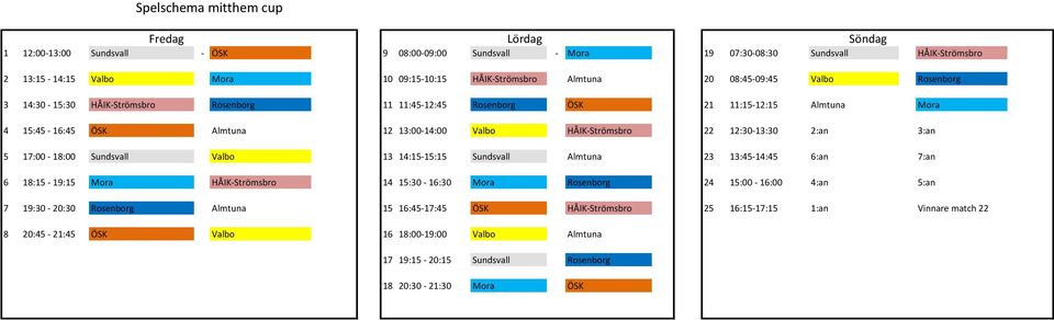 12:30-13:30 2:an 3:an 5 17:00-18:00 Sundsvall Valbo 13 14:15-15:15 Sundsvall Almtuna 23 13:45-14:45 6:an 7:an 6 18:15-19:15 Mora HÅIK-Strömsbro 14 15:30-16:30 Mora Rosenborg 24 15:00-16:00 4:an 5:an