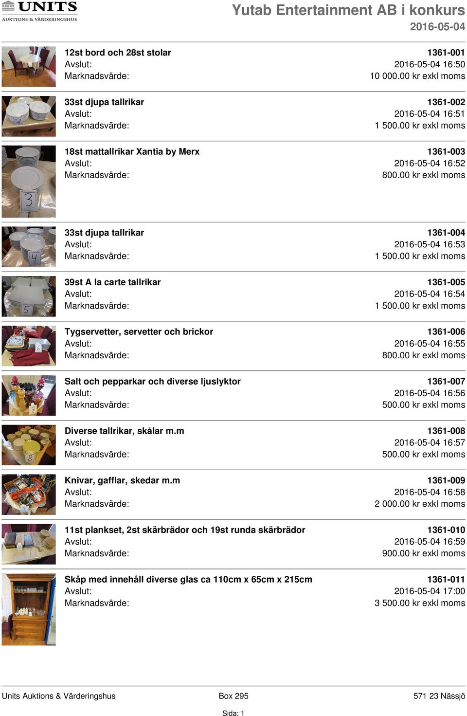 carte tallrikar 1361-005 Avslut: 16:54 Tygservetter, servetter och brickor 1361-006 Avslut: 16:55 Salt och pepparkar och diverse ljuslyktor 1361-007 Avslut: 16:56