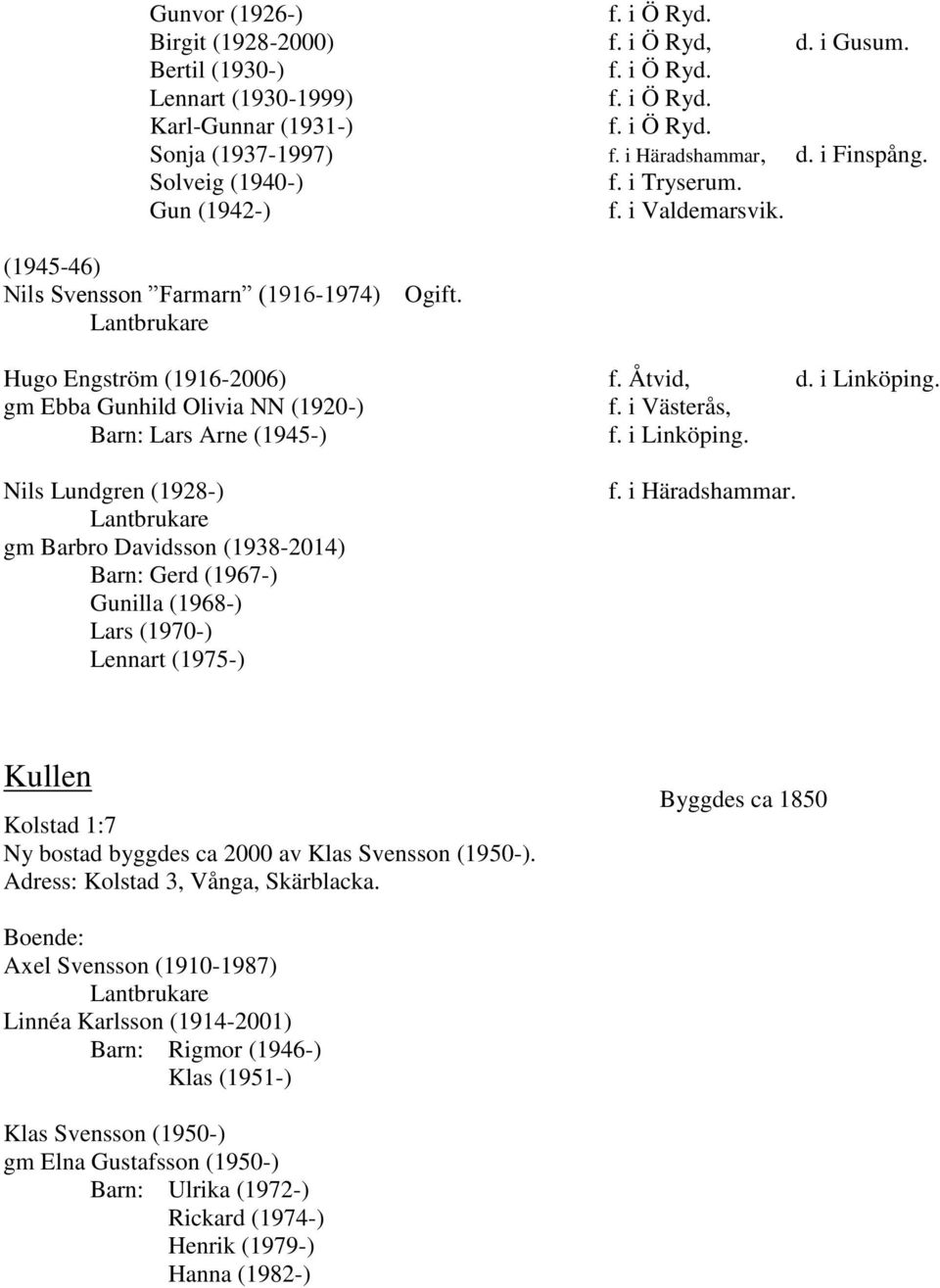 i Västerås, Barn: Lars Arne (1945-) f. i Linköping. Nils Lundgren (1928-) gm Barbro Davidsson (1938-2014) Barn: Gerd (1967-) Gunilla (1968-) Lars (1970-) Lennart (1975-) f. i Häradshammar.