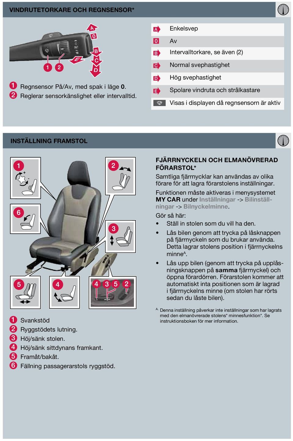 fjärrnycklar kan användas av olika förare för att lagra förarstolens inställningar. Funktionen måste aktiveras i menysystemet MY CAR under Inställningar -> Bilinställningar -> Bilnyckelminne.