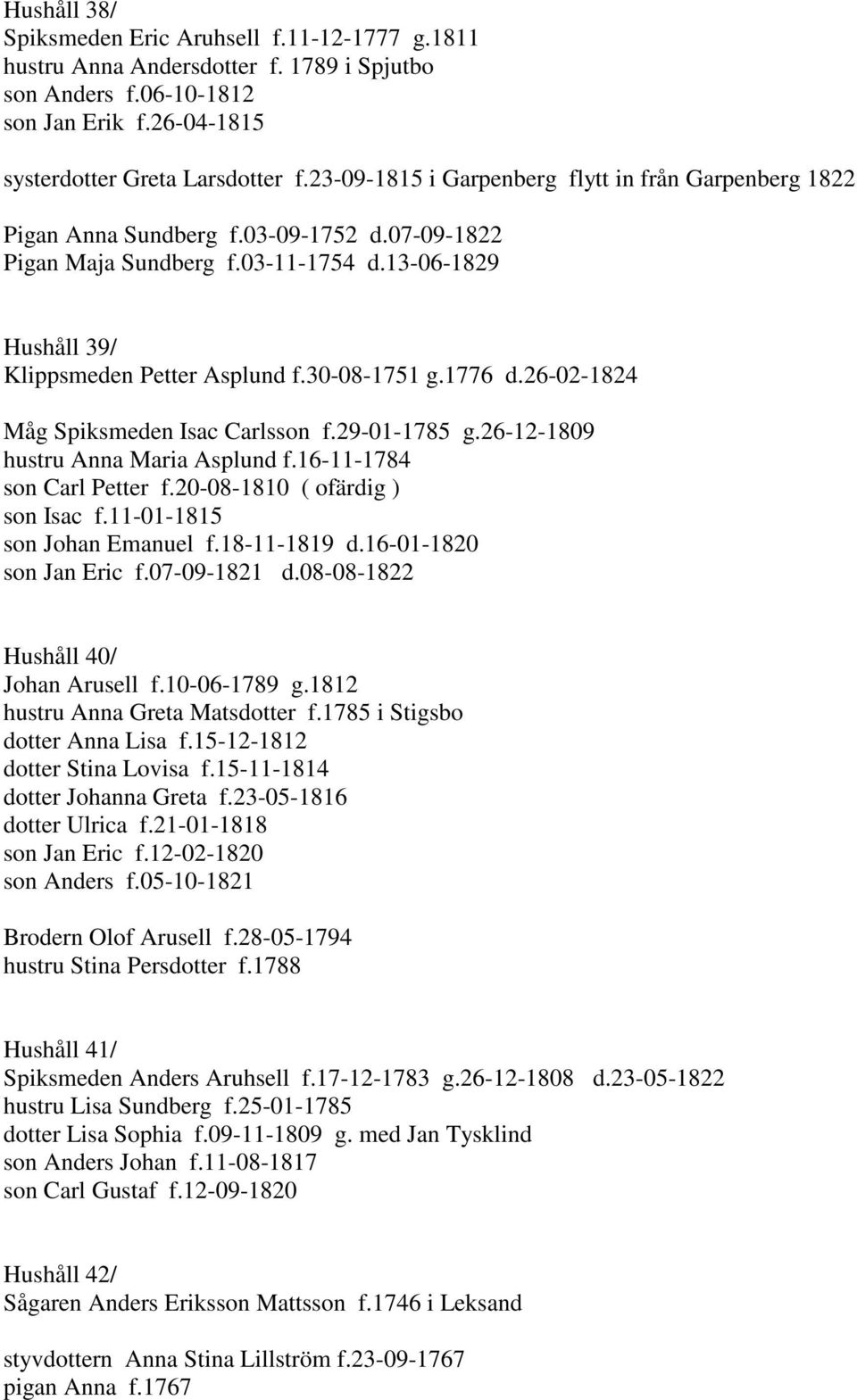 1776 d.26-02-1824 Måg Spiksmeden Isac Carlsson f.29-01-1785 g.26-12-1809 hustru Anna Maria Asplund f.16-11-1784 son Carl Petter f.20-08-1810 ( ofärdig ) son Isac f.11-01-1815 son Johan Emanuel f.