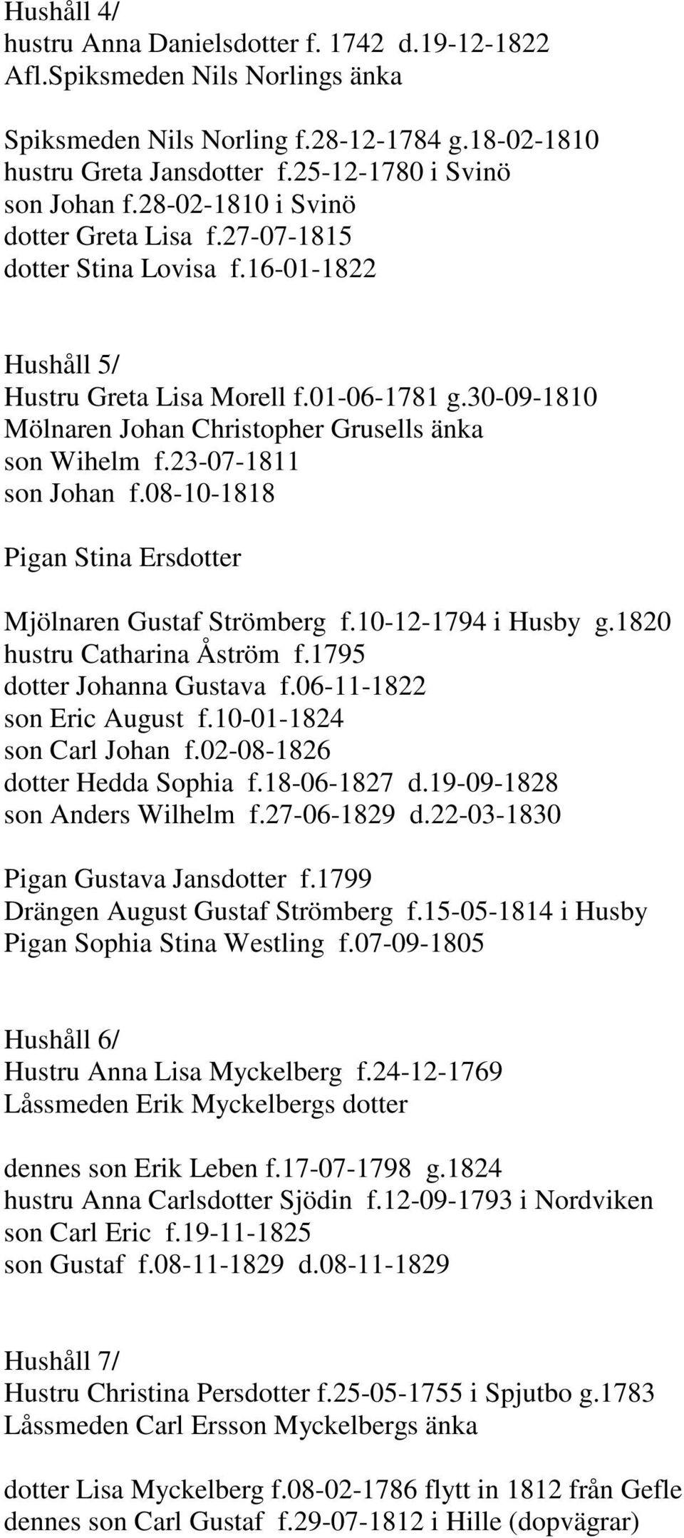 23-07-1811 son Johan f.08-10-1818 Pigan Stina Ersdotter Mjölnaren Gustaf Strömberg f.10-12-1794 i Husby g.1820 hustru Catharina Åström f.1795 dotter Johanna Gustava f.06-11-1822 son Eric August f.