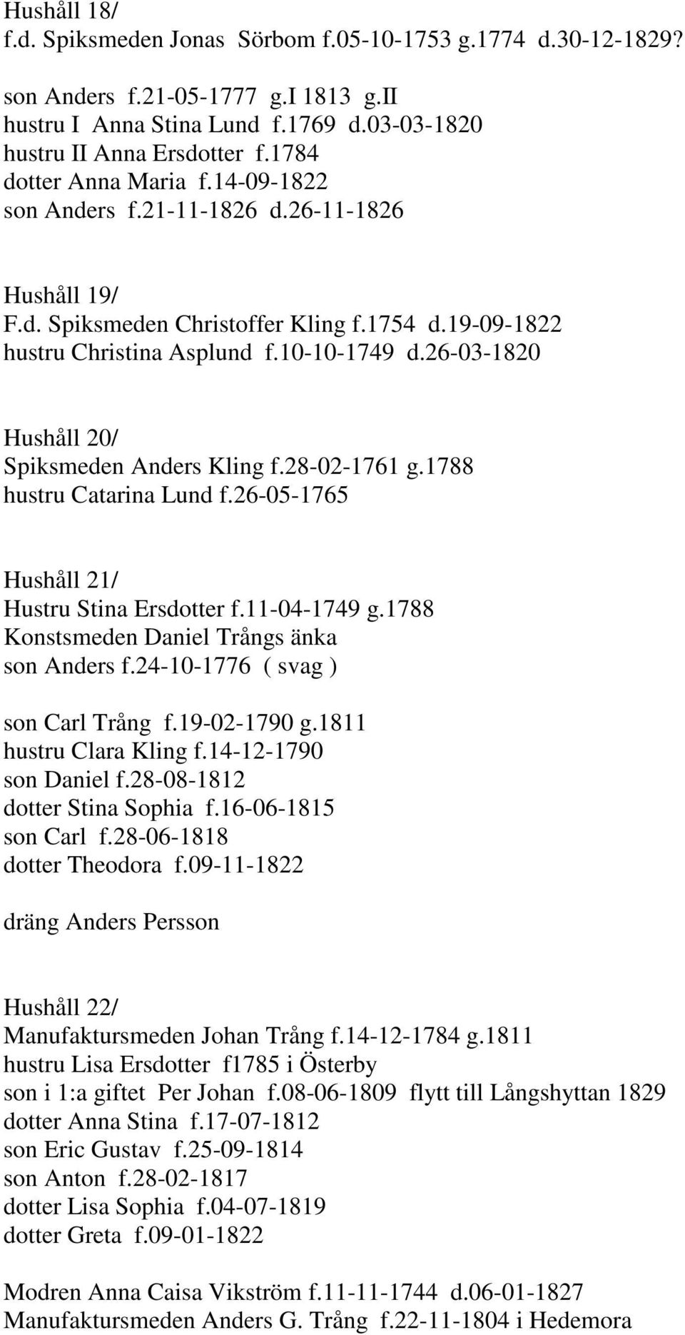 26-03-1820 Hushåll 20/ Spiksmeden Anders Kling f.28-02-1761 g.1788 hustru Catarina Lund f.26-05-1765 Hushåll 21/ Hustru Stina Ersdotter f.11-04-1749 g.1788 Konstsmeden Daniel Trångs änka son Anders f.