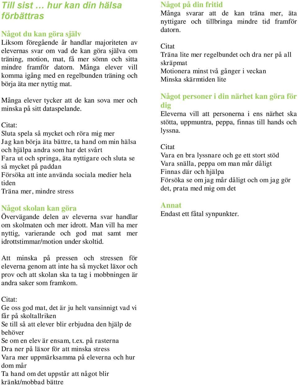 Citat: Sluta spela så mycket och röra mig mer Jag kan börja äta bättre, ta hand om min hälsa och hjälpa andra som har det svårt Fara ut och springa, äta nyttigare och sluta se så mycket på paddan