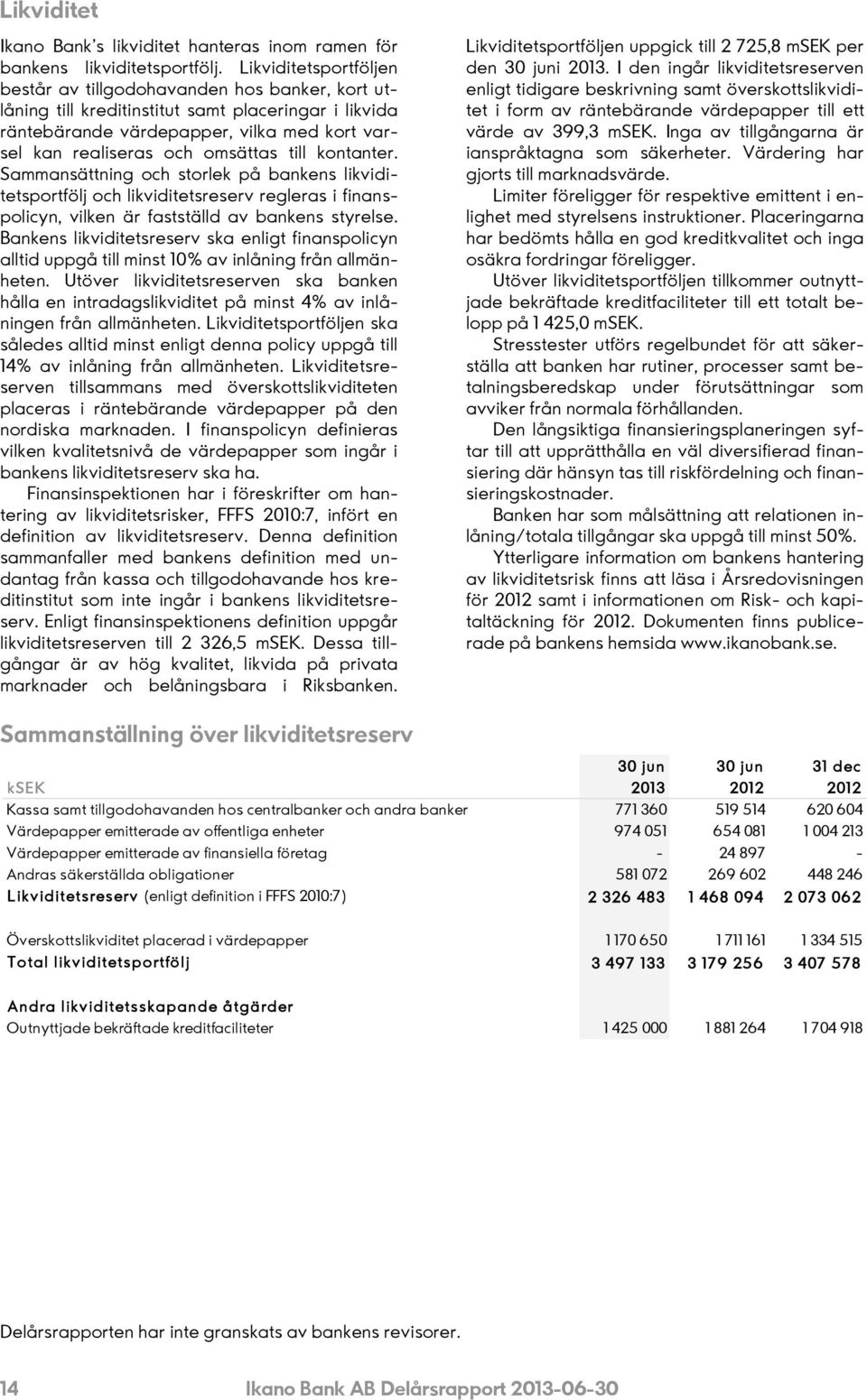 till kontanter. Sammansättning och storlek på bankens likviditetsportfölj och likviditetsreserv regleras i finanspolicyn, vilken är fastställd av bankens styrelse.