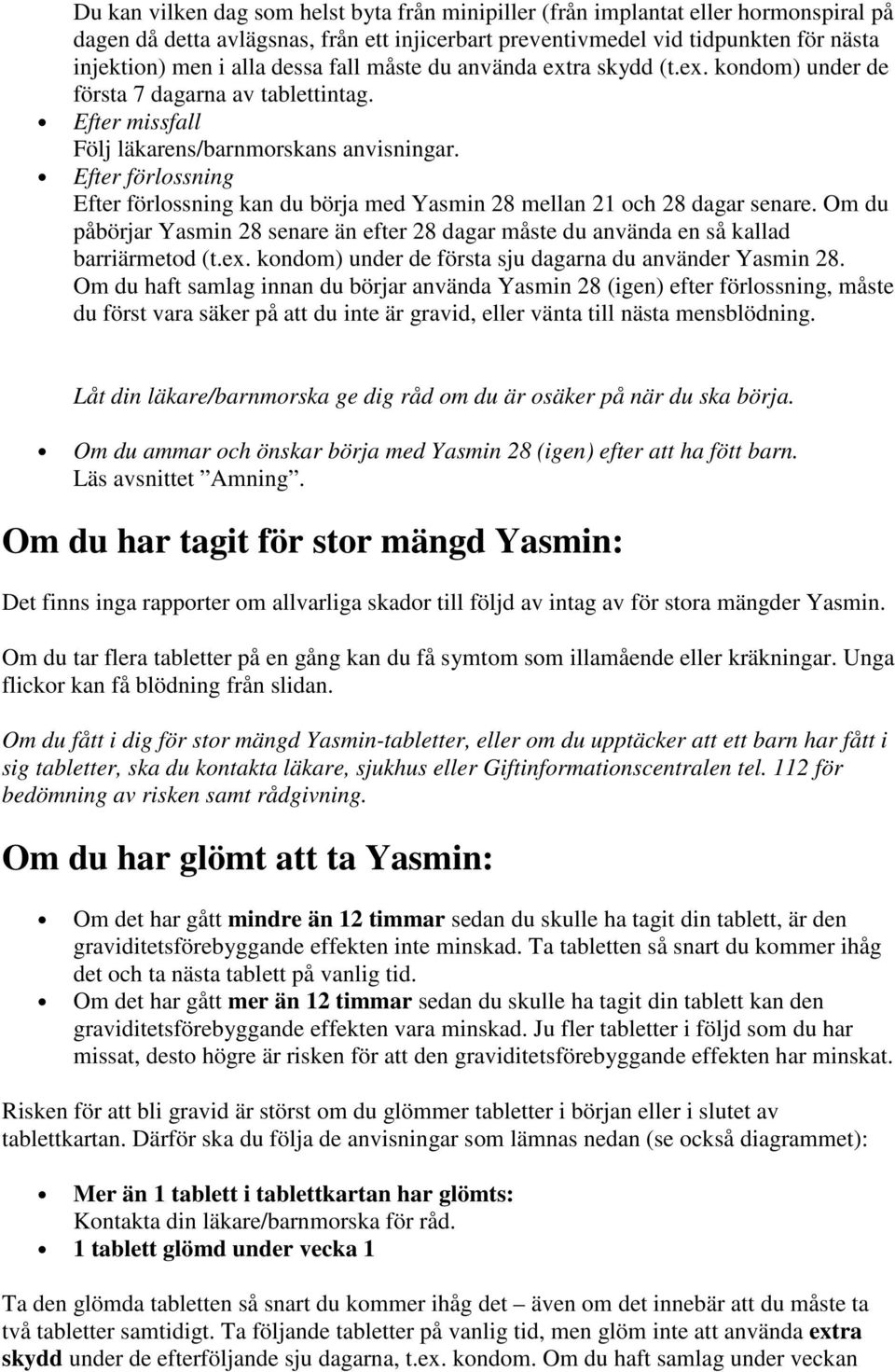 Efter förlossning Efter förlossning kan du börja med Yasmin 28 mellan 21 och 28 dagar senare. Om du påbörjar Yasmin 28 senare än efter 28 dagar måste du använda en så kallad barriärmetod (t.ex.