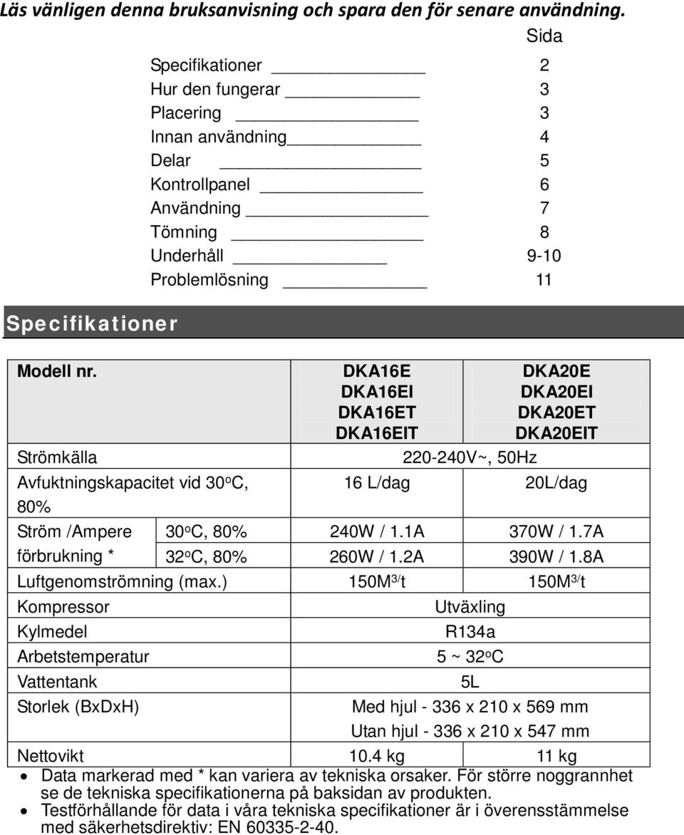 DKA16E DKA16EI DKA16ET DKA16EIT 220-240V~, 50Hz 2 3 3 4 5 6 7 8 9-10 11 DKA20E DKA20EI DKA20ET DKA20EIT 16 L/dag 20L/dag 30 o C, 80% 240W / 1.1A 370W / 1.7A 32 o C, 80% 260W / 1.2A 390W / 1.