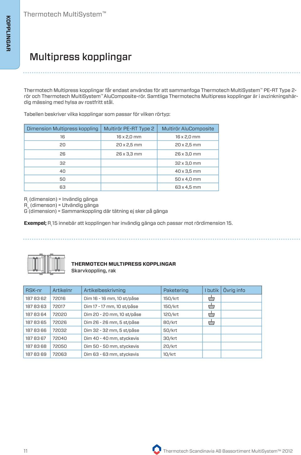 Tabellen beskriver vilka kopplingar som passar för vilken rörtyp: Dimension Multipress koppling Multirör PE-RT Type 2 Multirör AluComposite 16 16 x 2,0 mm 16 x 2,0 mm 20 20 x 2,5 mm 20 x 2,5 mm 26 26