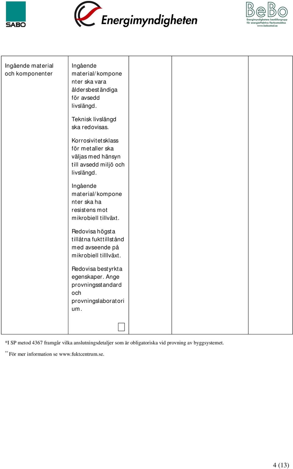 Ingående material/kompone nter ska ha resistens mot mikrobiell tillväxt. Redovisa högsta tillåtna fukttillstånd med avseende på mikrobiell tilllväxt.